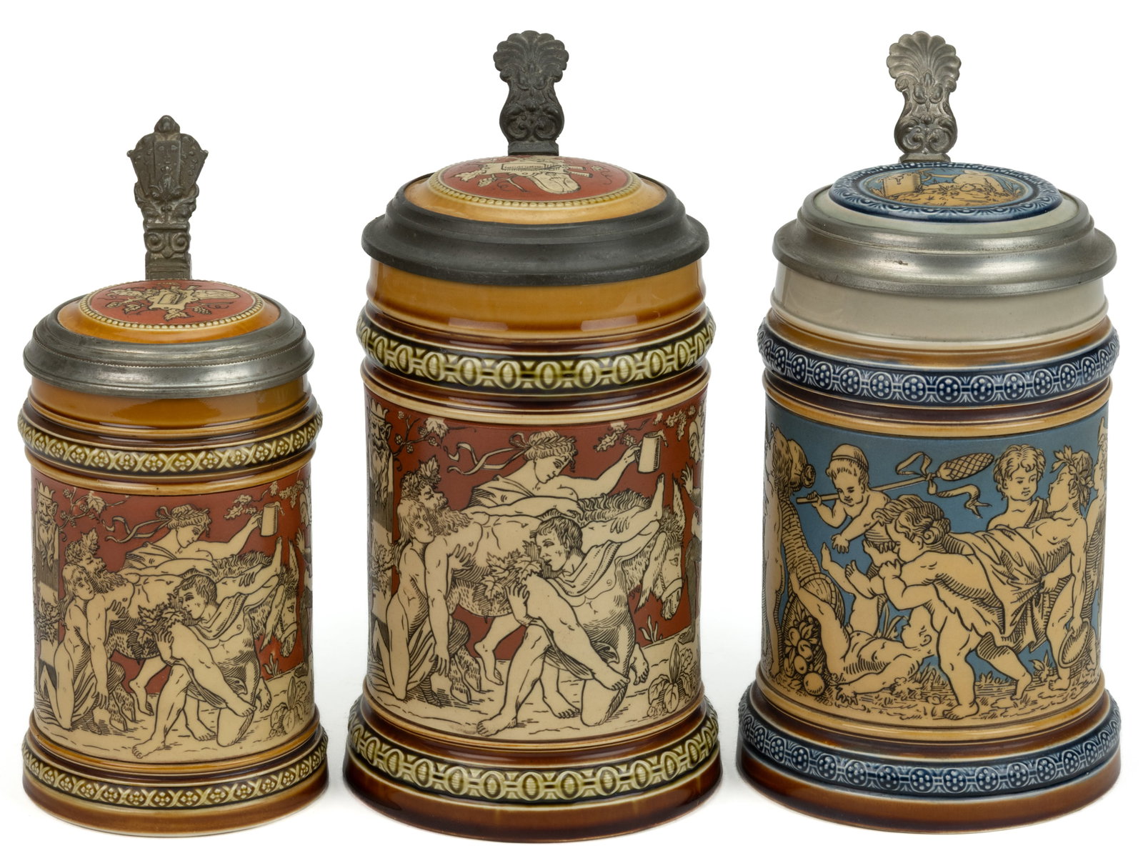 GERMAN METTLACH MYTHOLOGY MOTIF CERAMIC STEINS, LOT OF THREE (1 of 3)