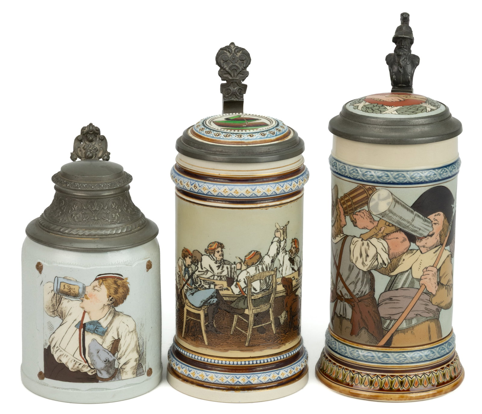 GERMAN METTLACH DRINKING MOTIF CERAMIC STEINS, LOT OF THREE (1 of 3)