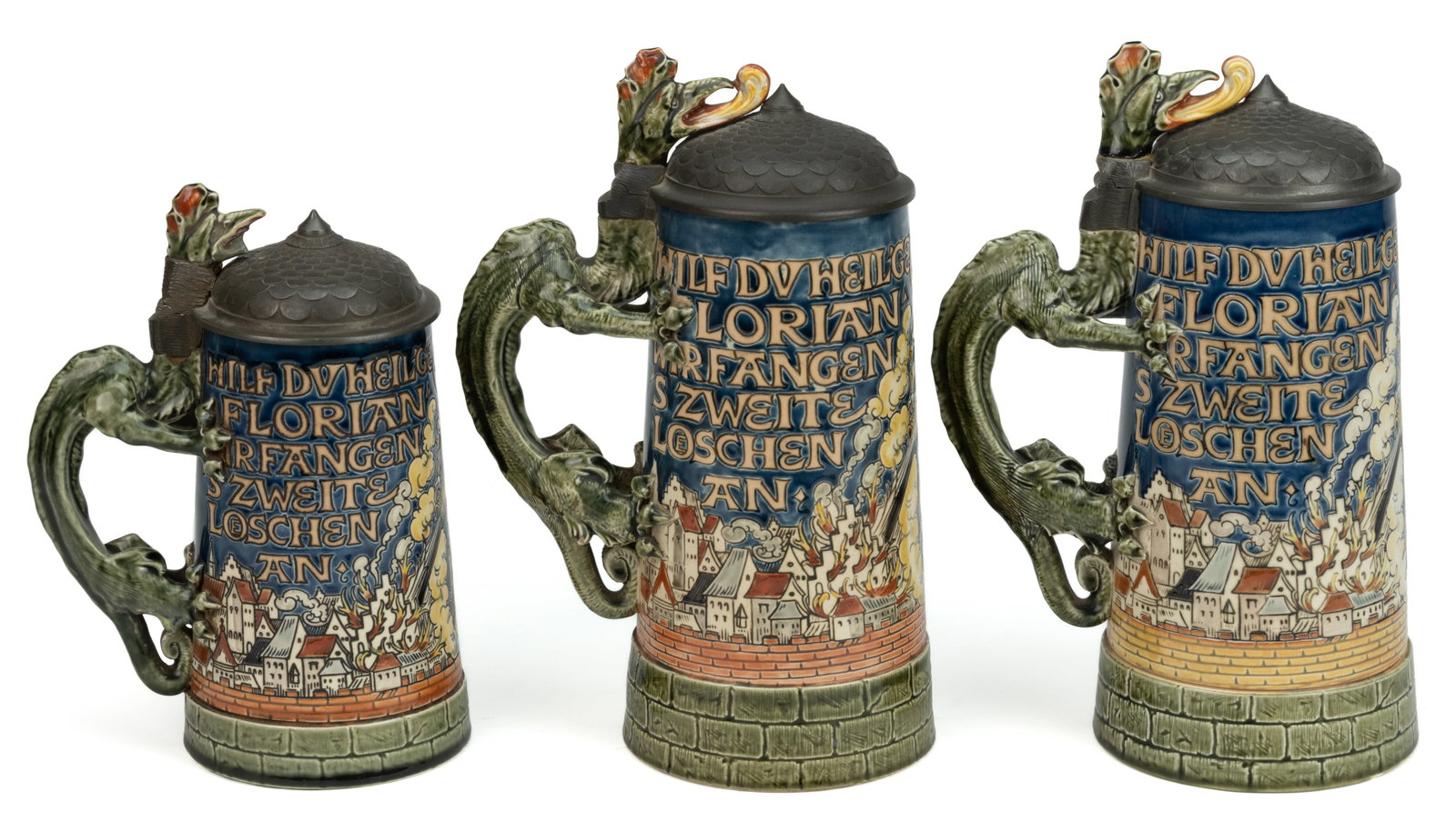 GERMAN METTLACH ST. FLORIAN CERAMIC STEINS, LOT OF THREE (1 of 4)