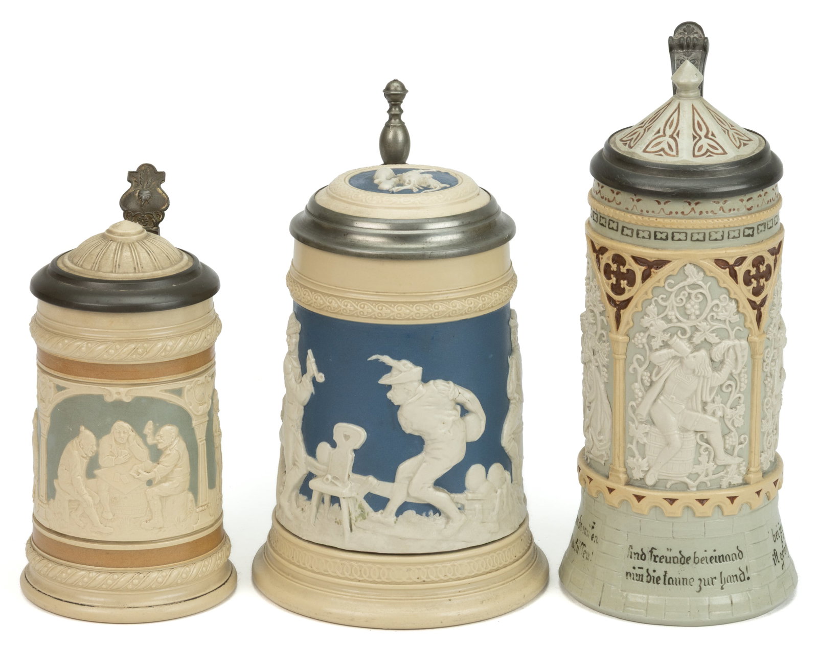 GERMAN METTLACH RELIEF-DECORATED STEINS, LOT OF THREE (1 of 5)