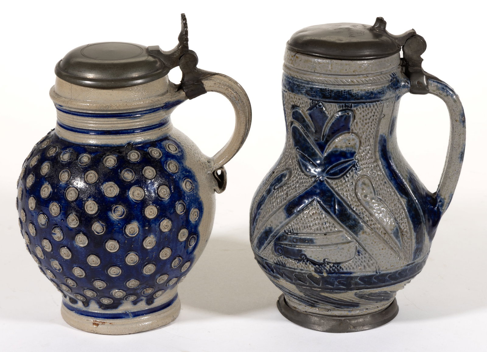 GERMAN STONEWARE COBALT-DECORATED FLAGONS / STEINS, LOT OF TWO (1 of 5)