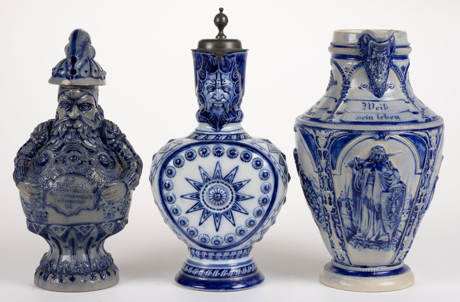 ASSORTED GERMAN COBALT BLUE FIGURAL STEINS / JUGS, LOT OF THREE (1 of 4)