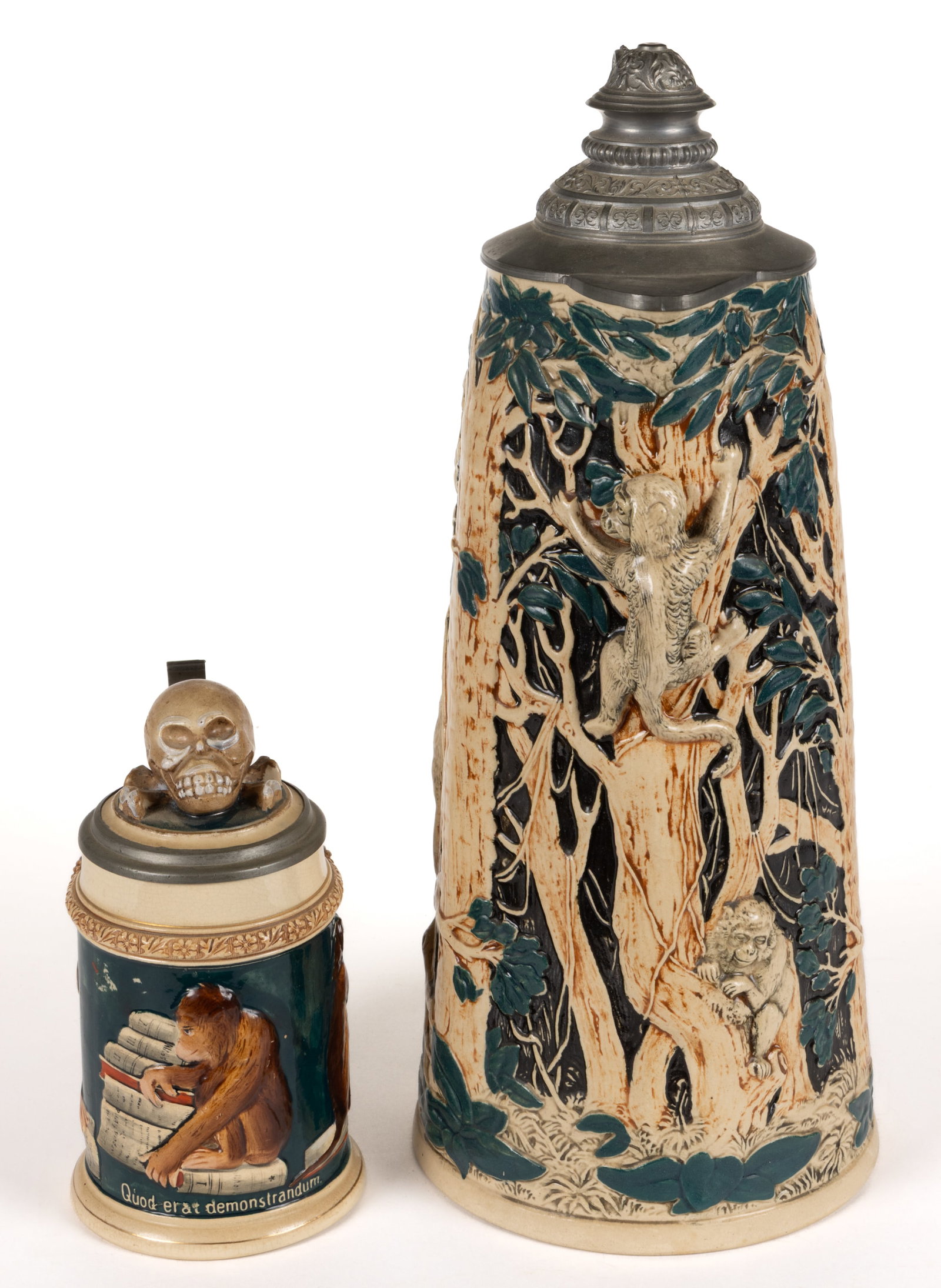GERMAN RELIEF-DECORATED MONKEY STONEWARE STEINS, LOT OF TWO (1 of 4)