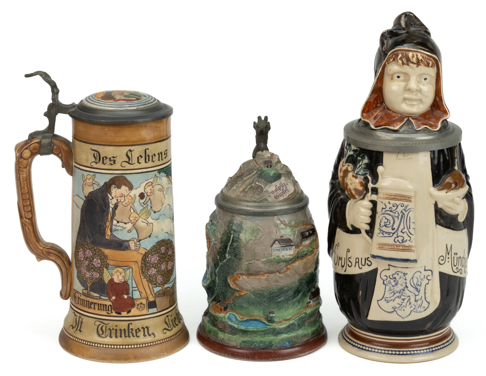 GERMAN HAND-PAINTED CERAMIC STEINS, LOT OF THREE (1 of 3)