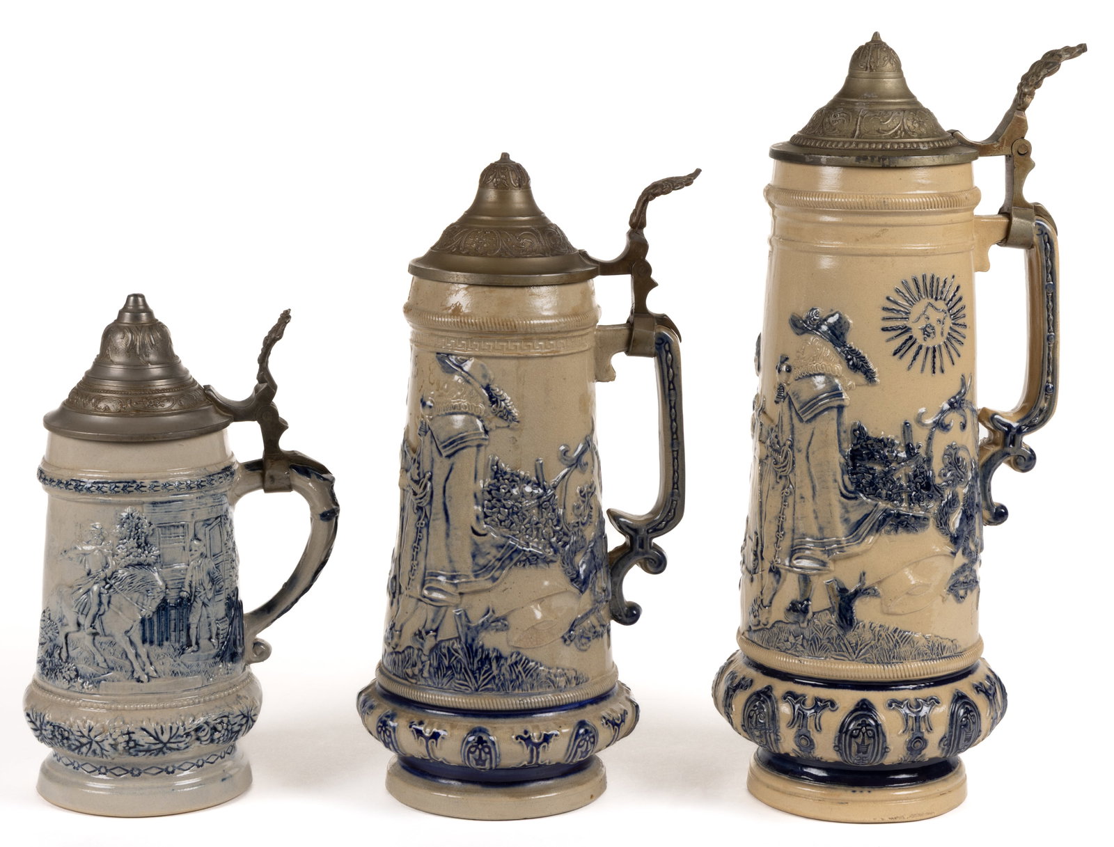 AMERICAN WHITE'S POTTERY, UTICA, NEW YORK RELIEF-DECORATED STONEWARE STEINS, LOT OF THREE (1 of 4)