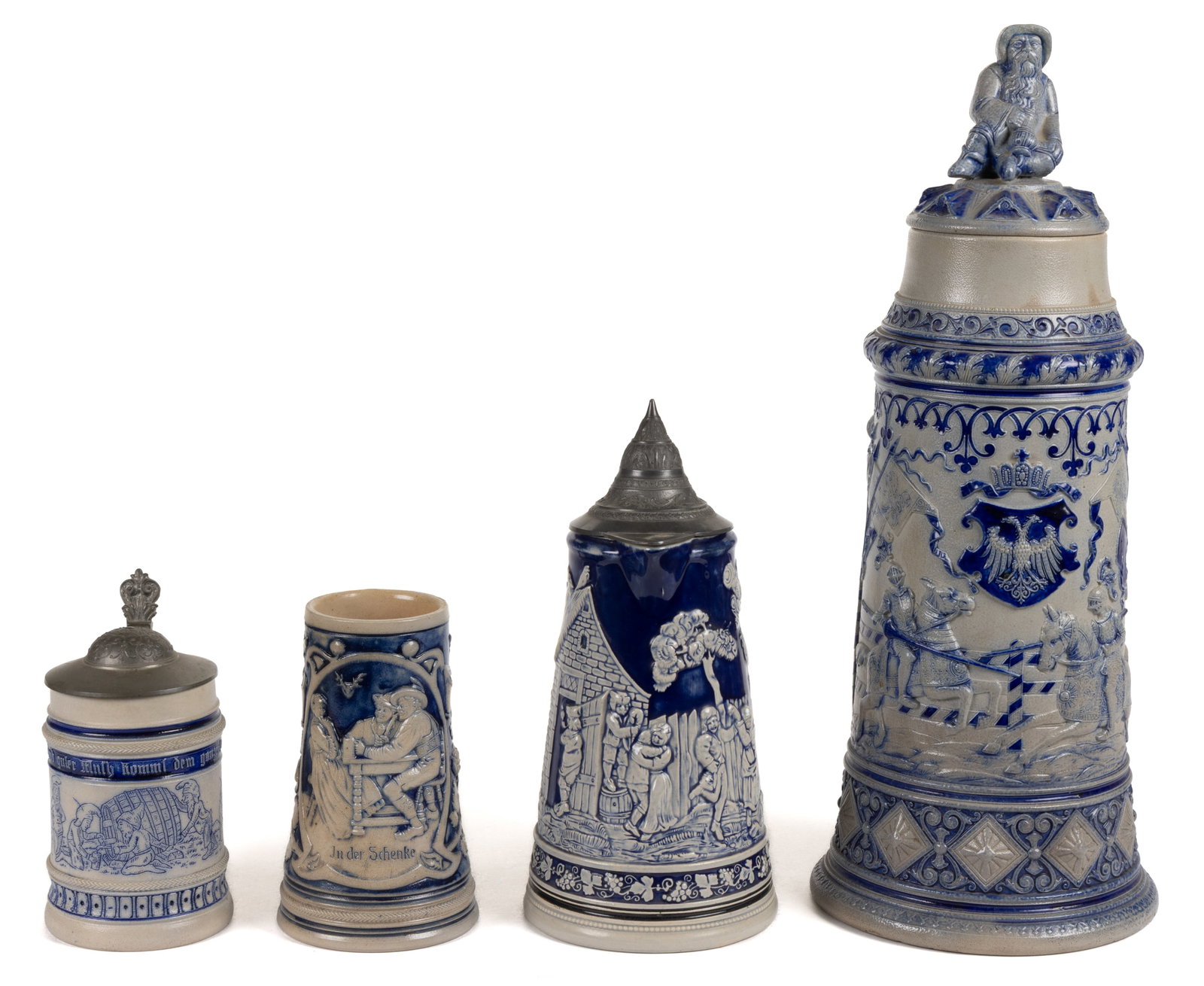 GERMAN COBALT-DECORATED STONEWARE STEINS, LOT OF FOUR (1 of 4)