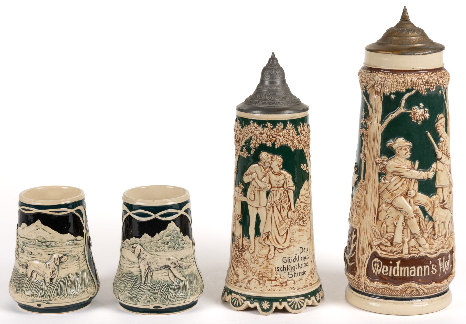 GERMAN RELIEF-DECORATED CERAMIC STEINS, LOT OF FOUR (1 of 3)