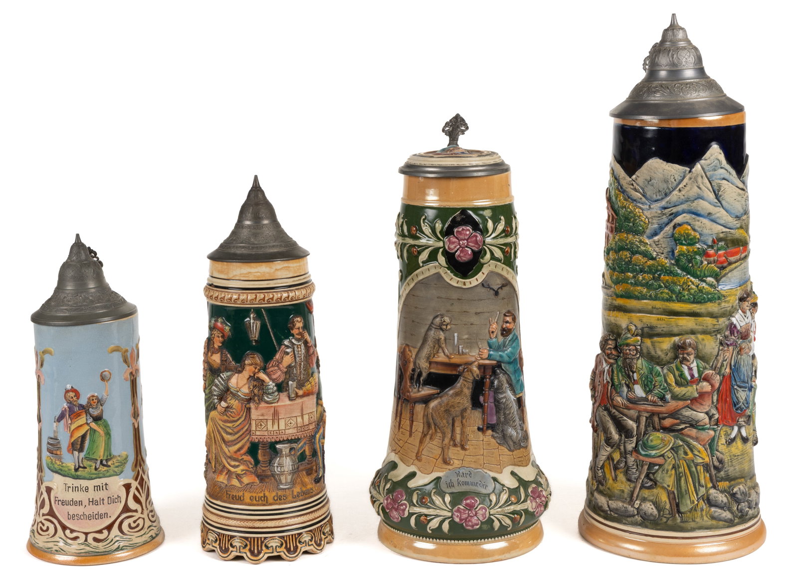GERMAN RELIEF-DECORATED CERAMIC STEINS, LOT OF FOUR (1 of 3)