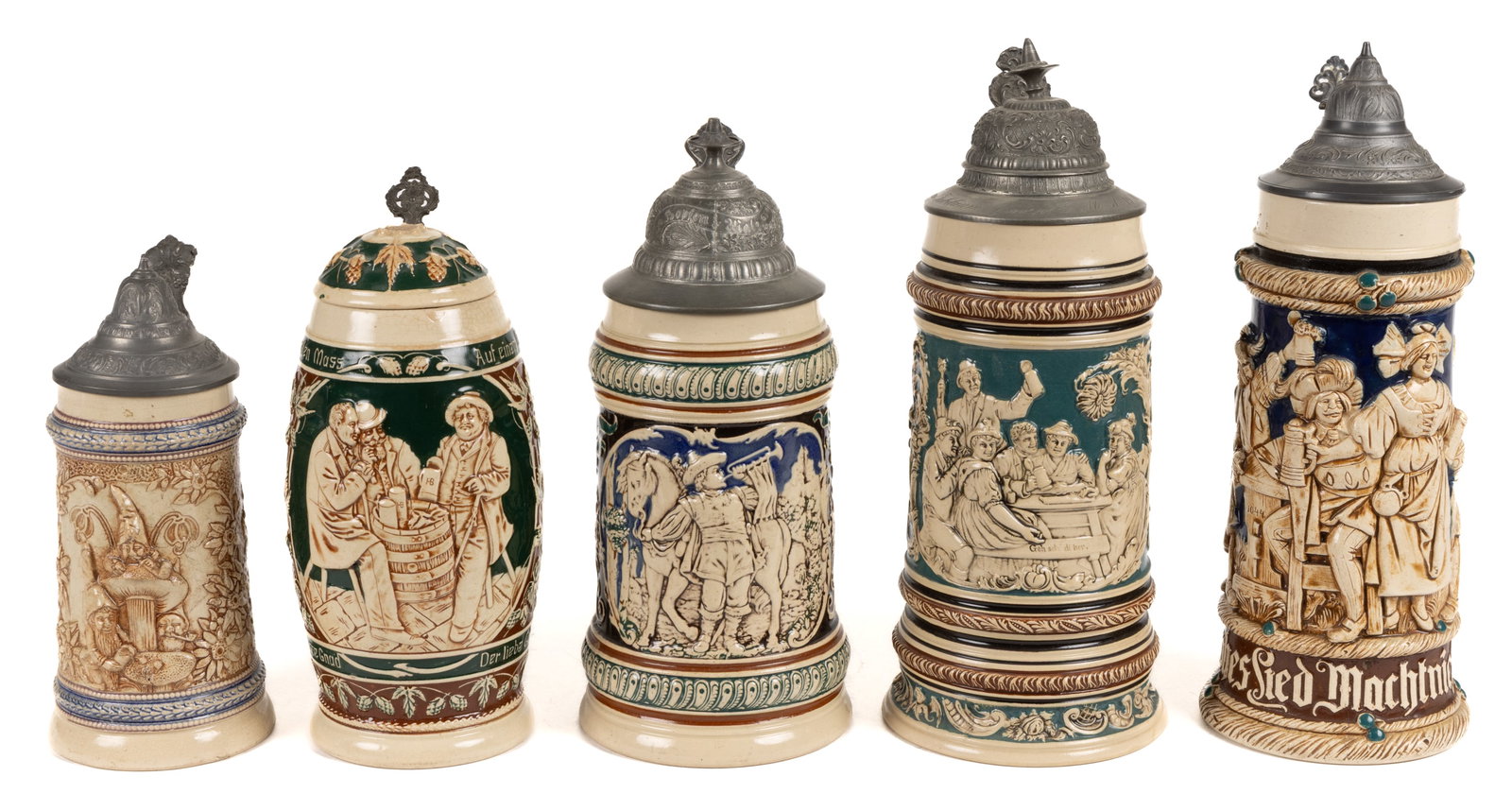 GERMAN RELIEF-DECORATED CERAMIC STEINS, LOT OF FIVE (1 of 3)