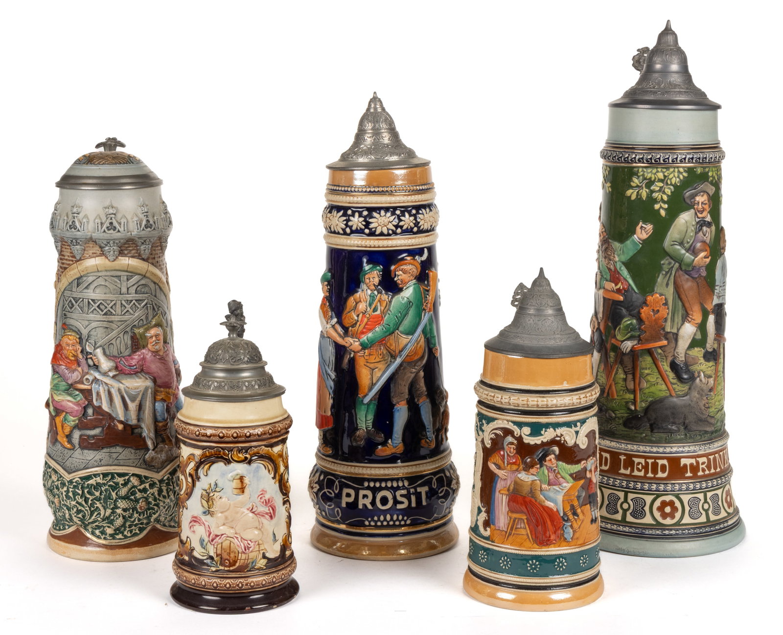 GERMAN RELIEF-DECORATED CERAMIC STEINS, LOT OF FIVE (1 of 3)