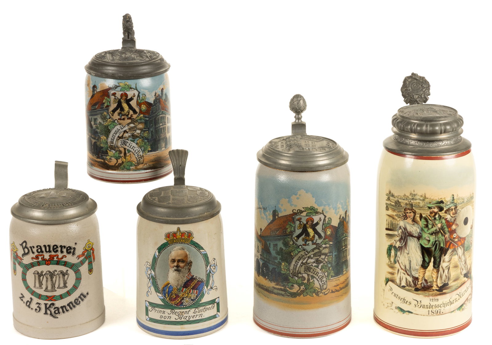GERMAN CERAMIC SOUVENIR STEINS, LOT OF FIVE (1 of 3)