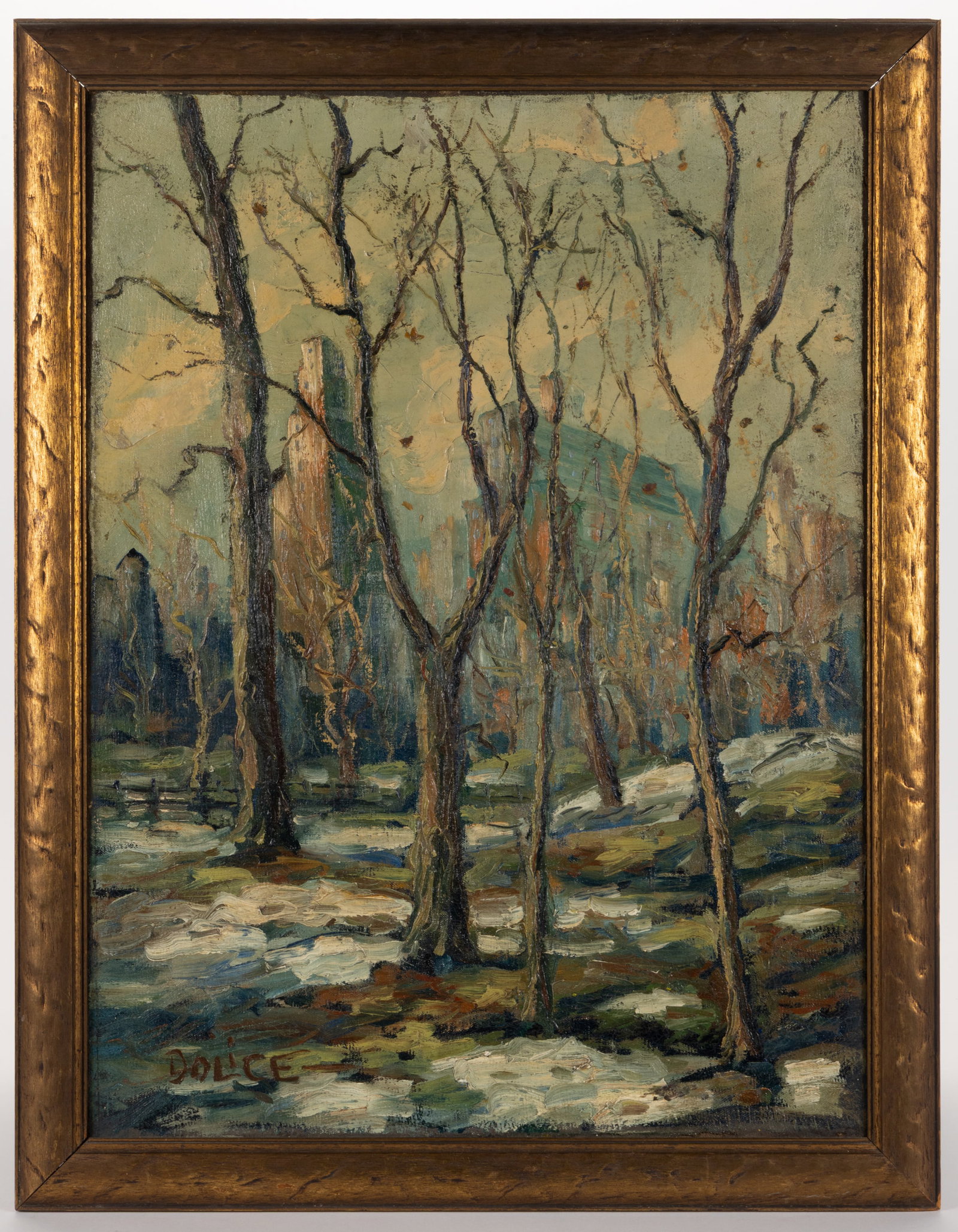LEON LOUIS DOLICE (AMERICAN, 1892-1960) VIEW OF NEW YORK CITY CENTRAL PARK: LEON LOUIS DOLICE (AMERICAN, 1892-1960) VIEW OF NEW YORK CITY CENTRAL PARK, oil on canvas, signed lower left, in the impressionist style with elements of impasto, a winter view with bare trees and pat