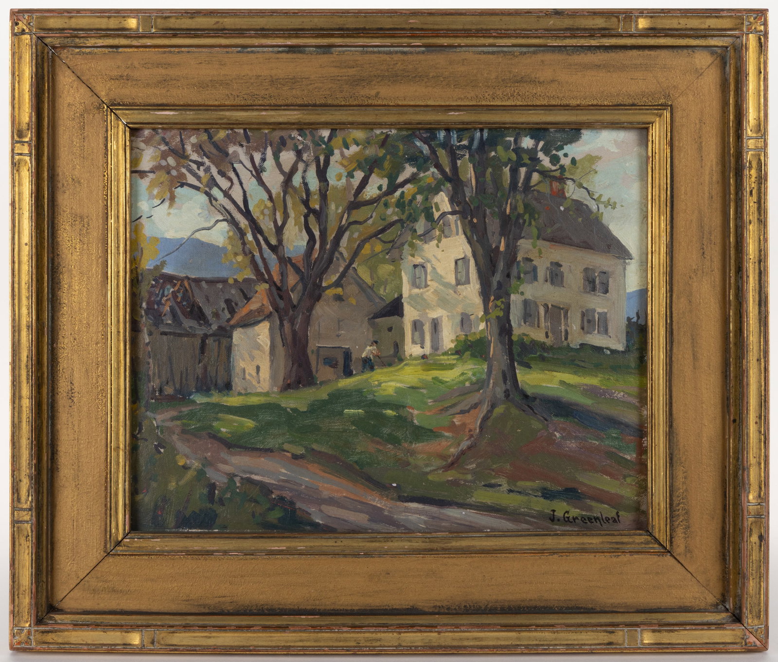JACOB GREENLEAF (AMERICAN, 1887-1968) NEW HAMPSHIRE LANDSCAPE WITH FARMHOUSE: JACOB GREENLEAF (AMERICAN, 1887-1968) NEW HAMPSHIRE LANDSCAPE WITH FARMHOUSE, oil on canvas board, a sun-dappled, verdant view of a large Federal farmhouse and various barns, titled "Ol