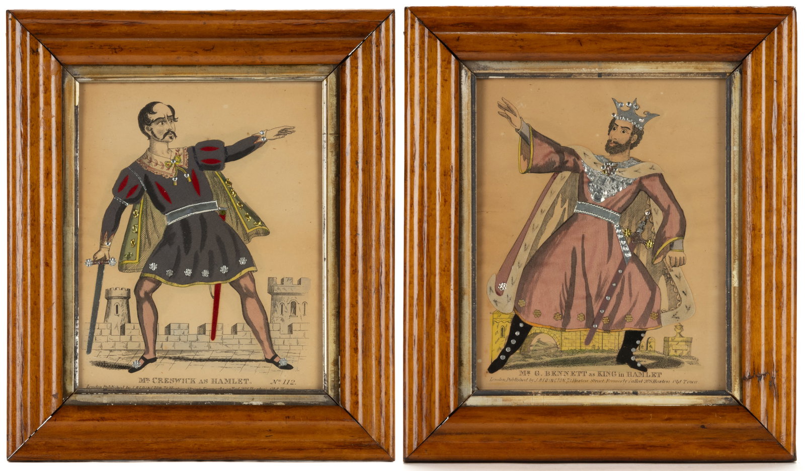 BRITISH (19TH CENTURY) DECORATED THEATRE PRINTS: BRITISH (19TH CENTURY) DECORATED THEATRE PRINTS, each hand-colored with additional applied foil ornamentation, one depicting "MR. CRESWICK AS HAMLET", the other "MR. G. BENNETT AS KING