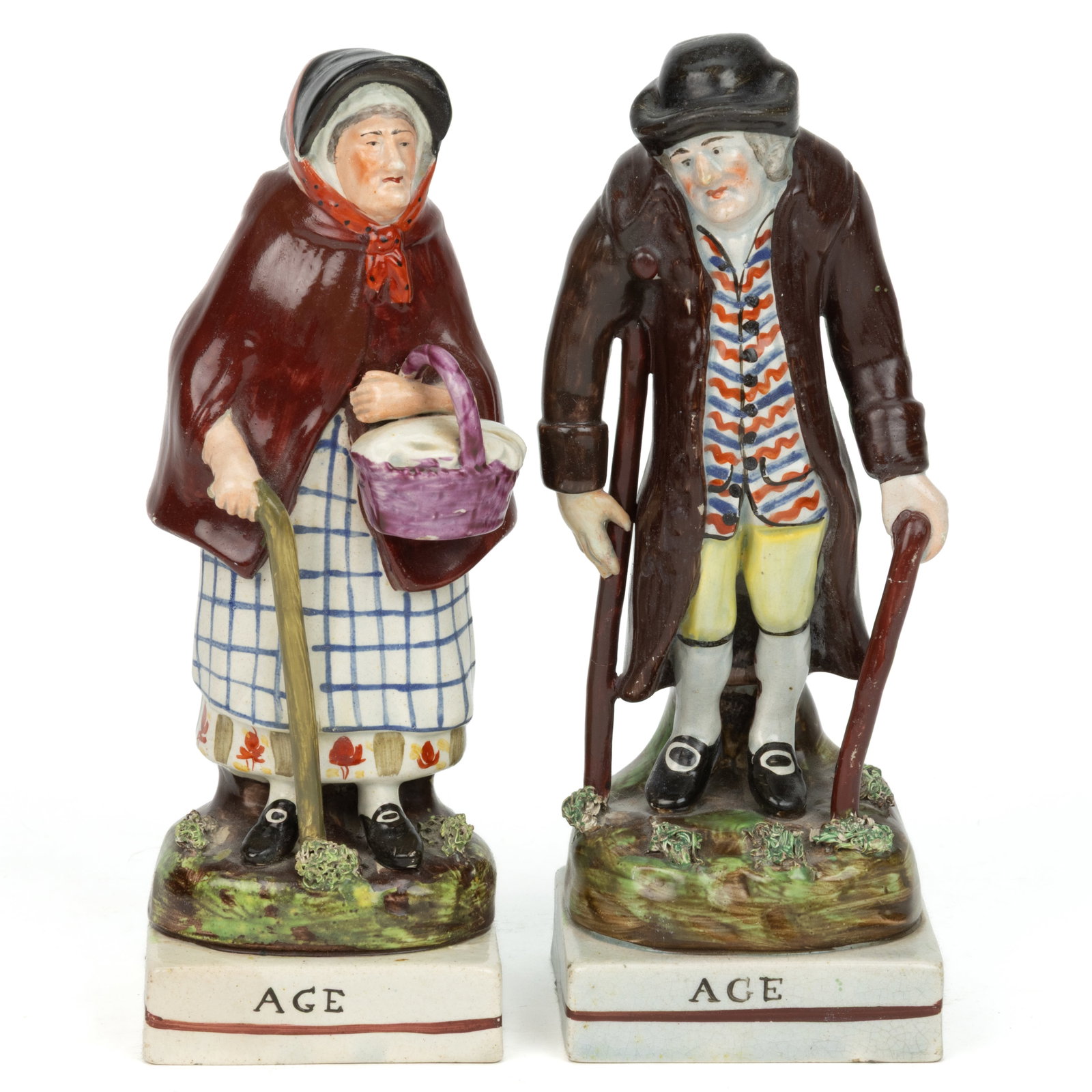 ENGLISH STAFFORDSHIRE PEARLWARE HAND-PAINTED CERAMIC "AGE" FIGURAL PAIR (1 of 3)