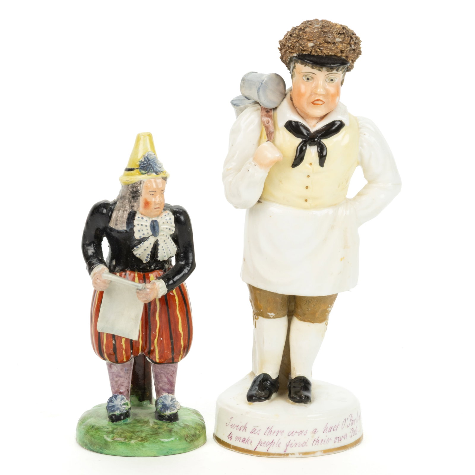 ENGLISH STAFFORDSHIRE PEARLWARE HAND-PAINTED CERAMIC COMEDIAN JOHN LISTON (1776-1846) FIGURES, LOT: ENGLISH STAFFORDSHIRE PEARLWARE HAND-PAINTED CERAMIC COMEDIAN JOHN LISTON (1776-1846) FIGURES, LOT OF TWO, each having polychrome enamel decorations, comprising one example depicting the actor as