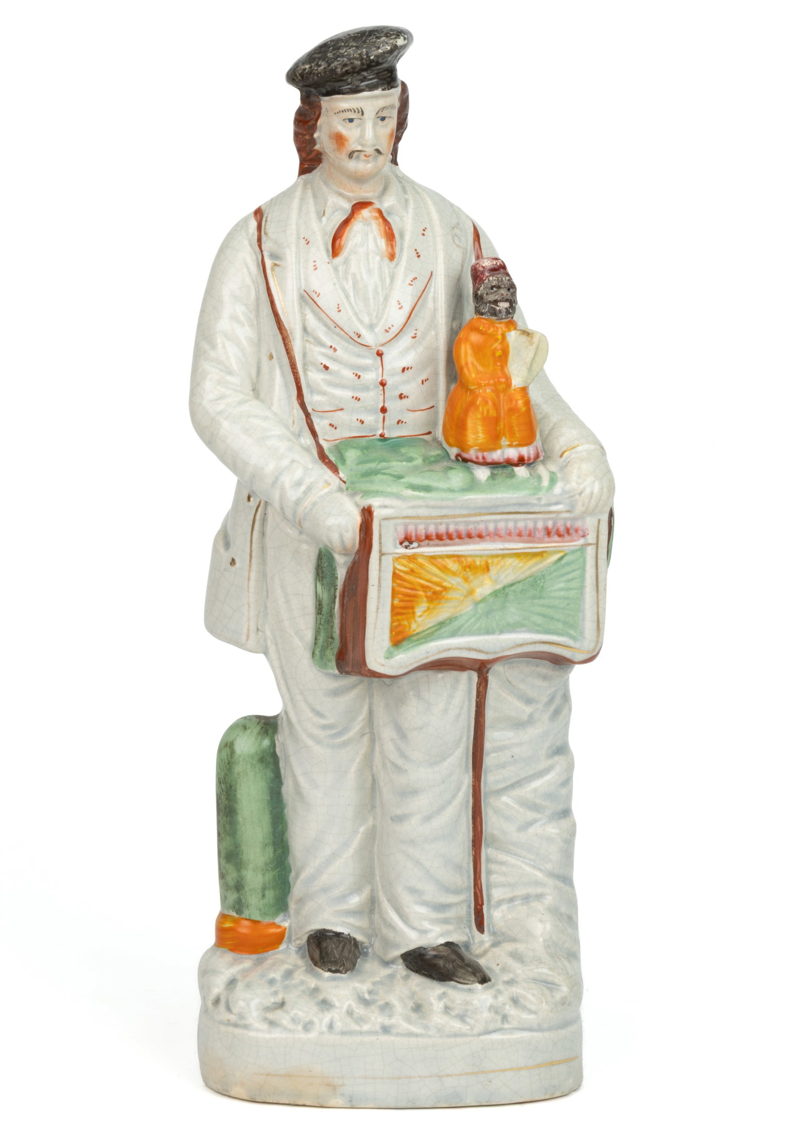 ENGLISH STAFFORDSHIRE HAND-PAINTED CERAMIC LARGE ORGAN GRINDER AND MONKEY FIGURAL GROUP (1 of 4)