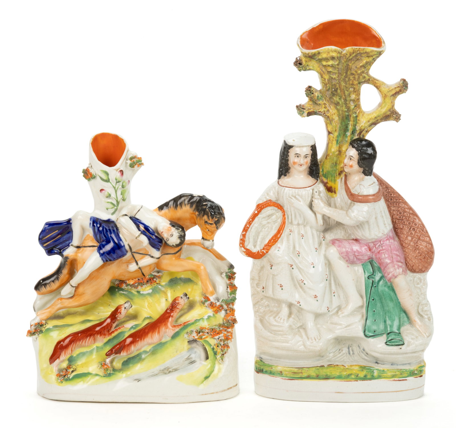 ENGLISH STAFFORDSHIRE HAND-PAINTED CERAMIC SPILL VASE FIGURAL GROUPS, LOT OF TWO (1 of 3)