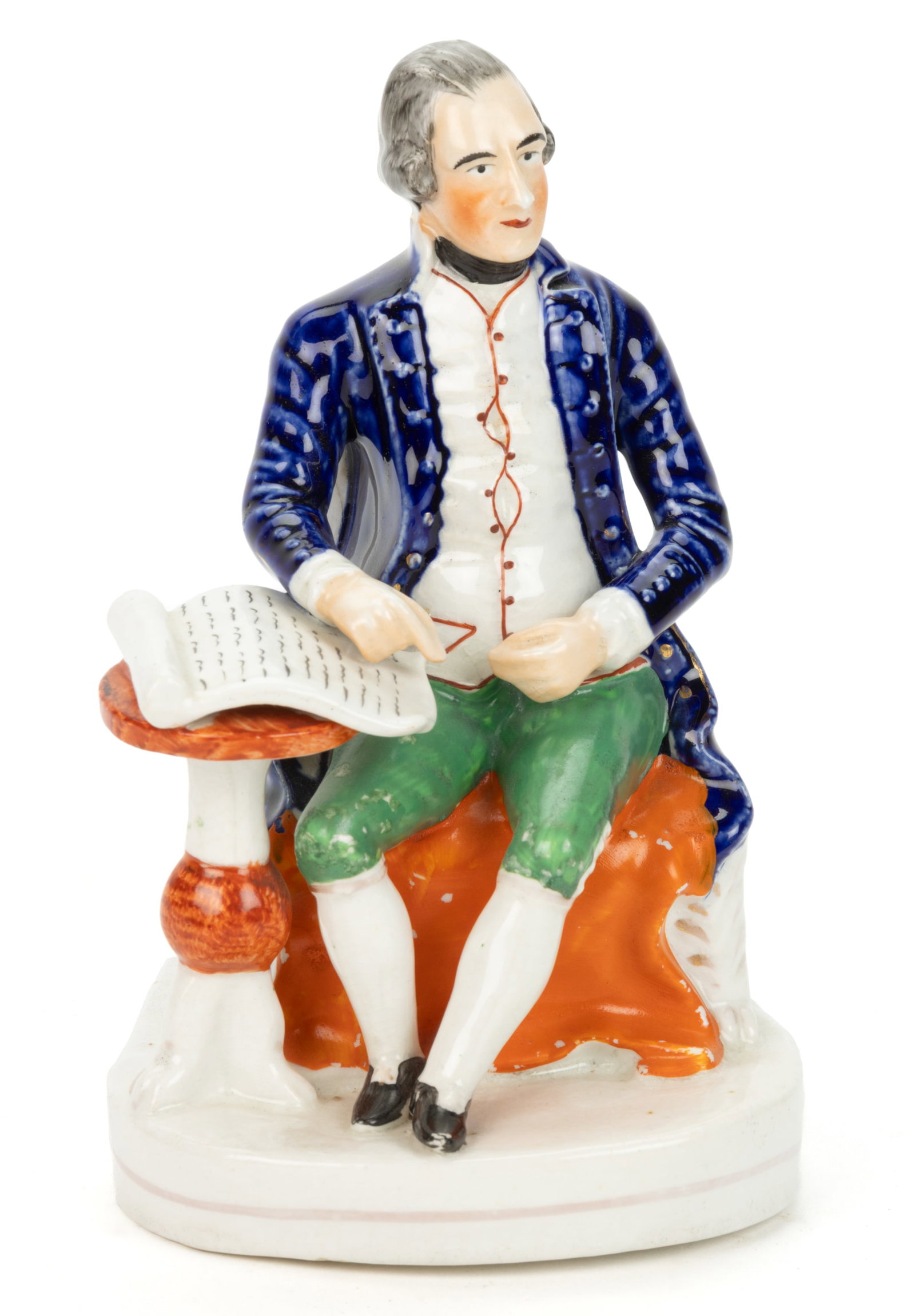 ENGLISH STAFFORDSHIRE HAND-PAINTED CERAMIC JAMES COOK FIGURE: ENGLISH STAFFORDSHIRE HAND-PAINTED CERAMIC JAMES COOK FIGURE, having polychrome enamel decorations and a D-shaped base, depicting a seated man wearing a cobalt coat, his right arm resting on