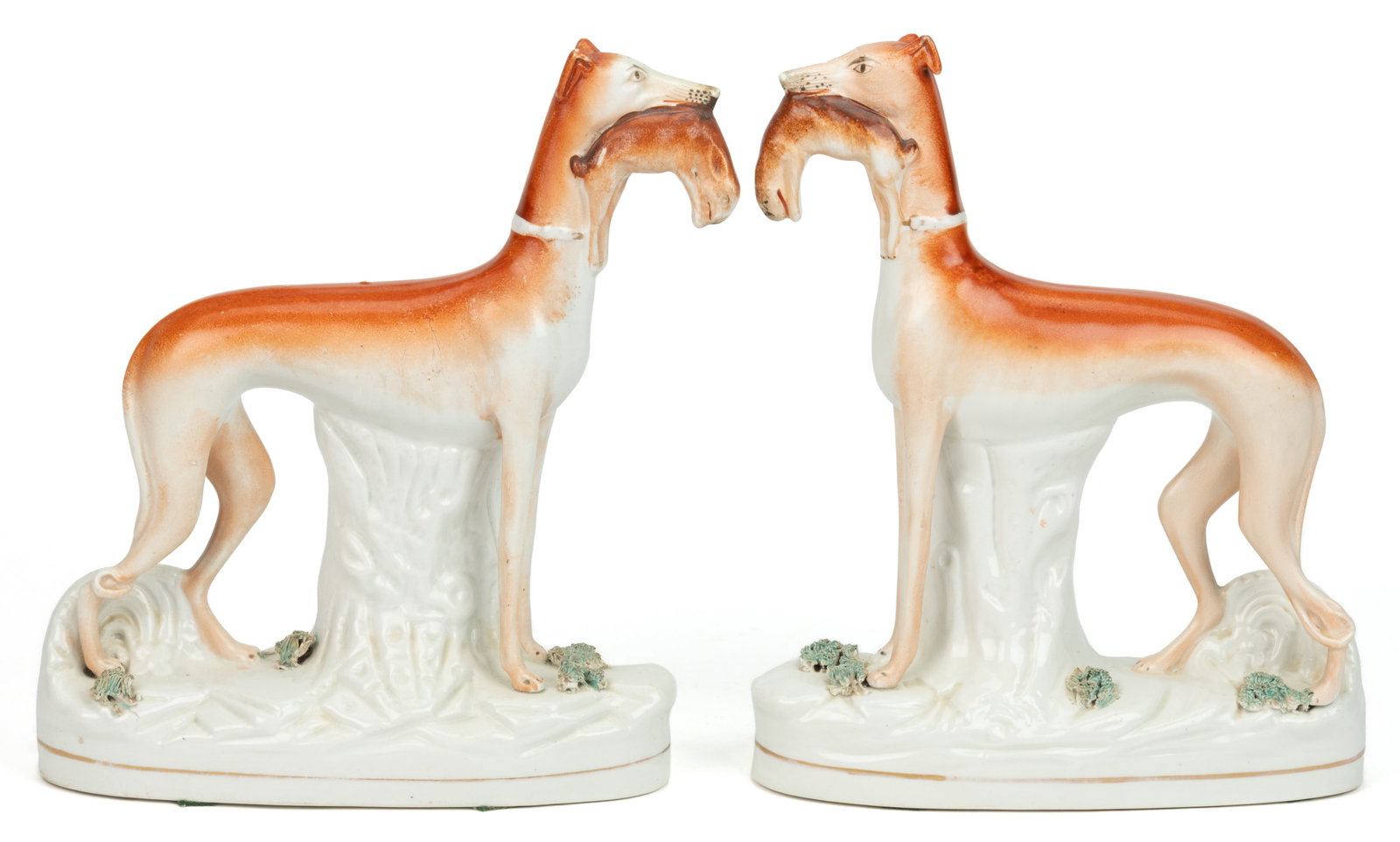 ENGLISH STAFFORDSHIRE HAND-PAINTED CERAMIC DOG / WHIPPET FIGURE PAIR (1 of 3)