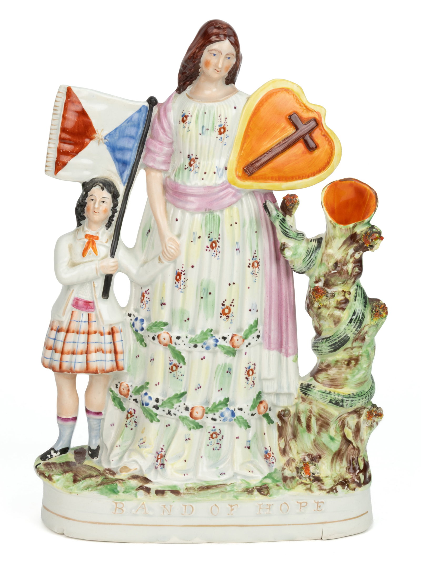 ENGLISH STAFFORDSHIRE HAND-PAINTED CERAMIC LARGE TEMPERANCE "BAND OF HOPE" SPILL VASE FIGURAL GROUP (1 of 4)