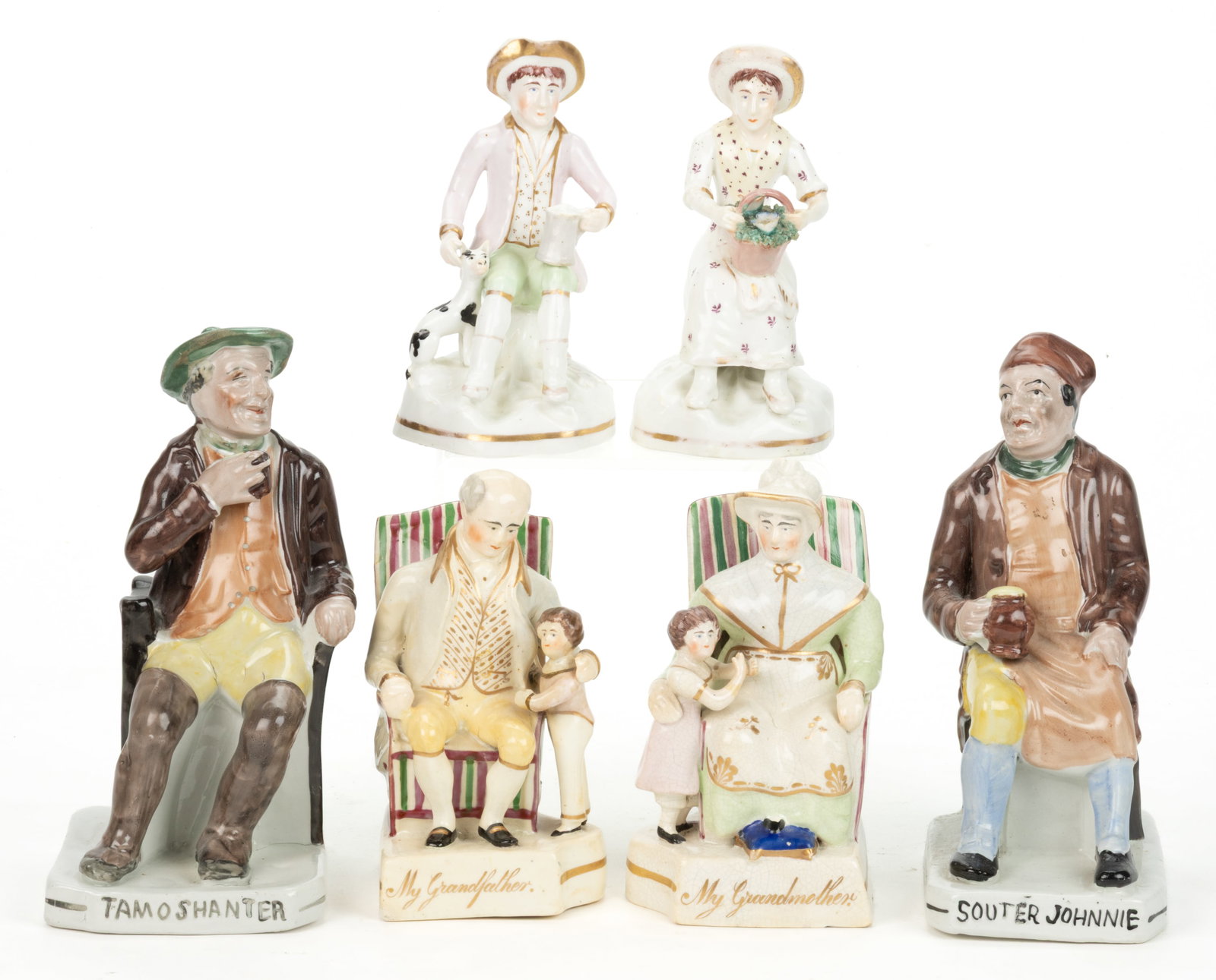 ENGLISH STAFFORDSHIRE HAND-PAINTED CERAMIC FIGURAL PAIRS, LOT OF THREE (1 of 2)