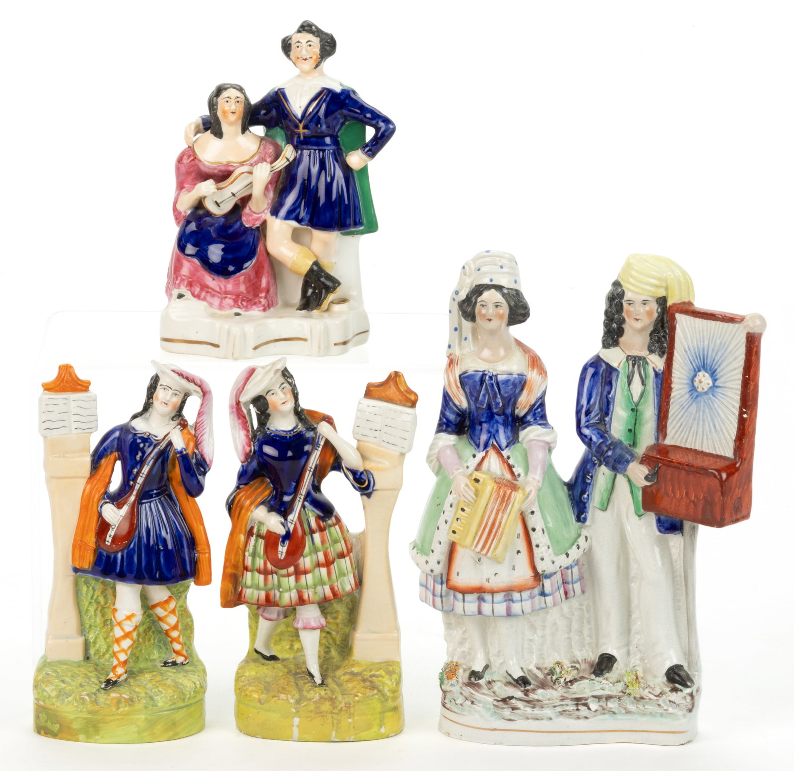 ENGLISH STAFFORDSHIRE HAND-PAINTED CERAMIC MUSICIAN FIGURES, LOT OF FOUR (1 of 2)