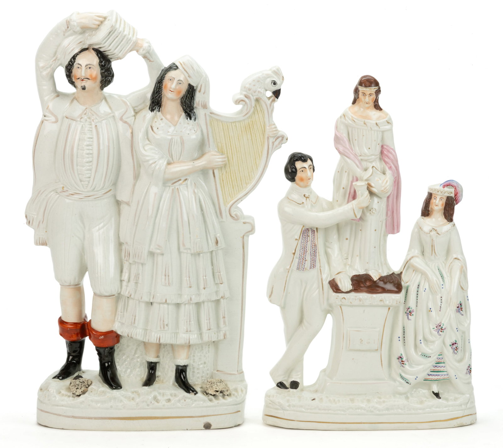 ENGLISH STAFFORDSHIRE HAND-PAINTED CERAMIC FIGURAL GROUPS, LOT OF TWO (1 of 3)