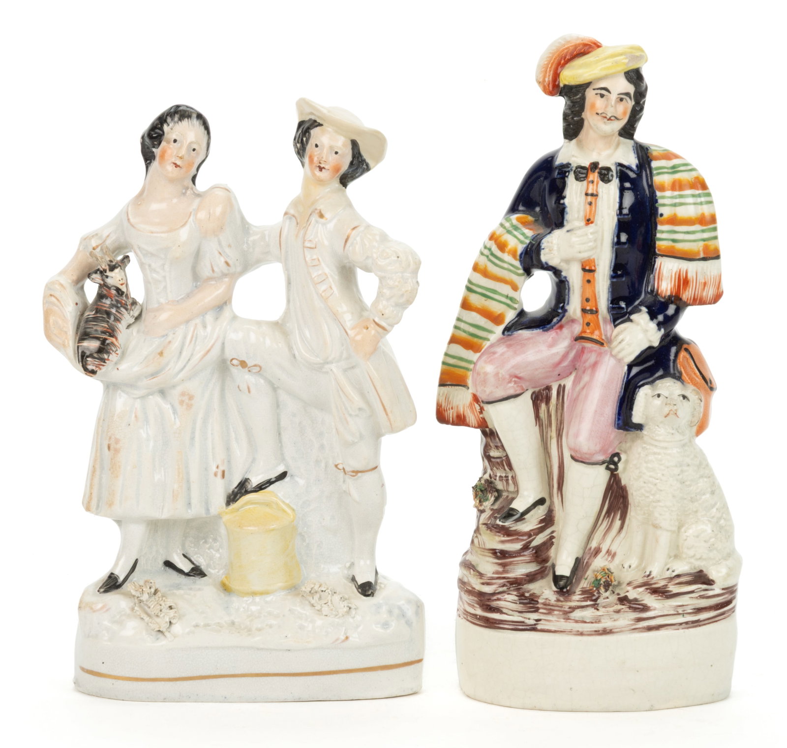 ENGLISH STAFFORDSHIRE HAND-PAINTED CERAMIC FIGURES WITH ANIMALS FIGURAL GROUPS, LOT OF TWO (1 of 3)