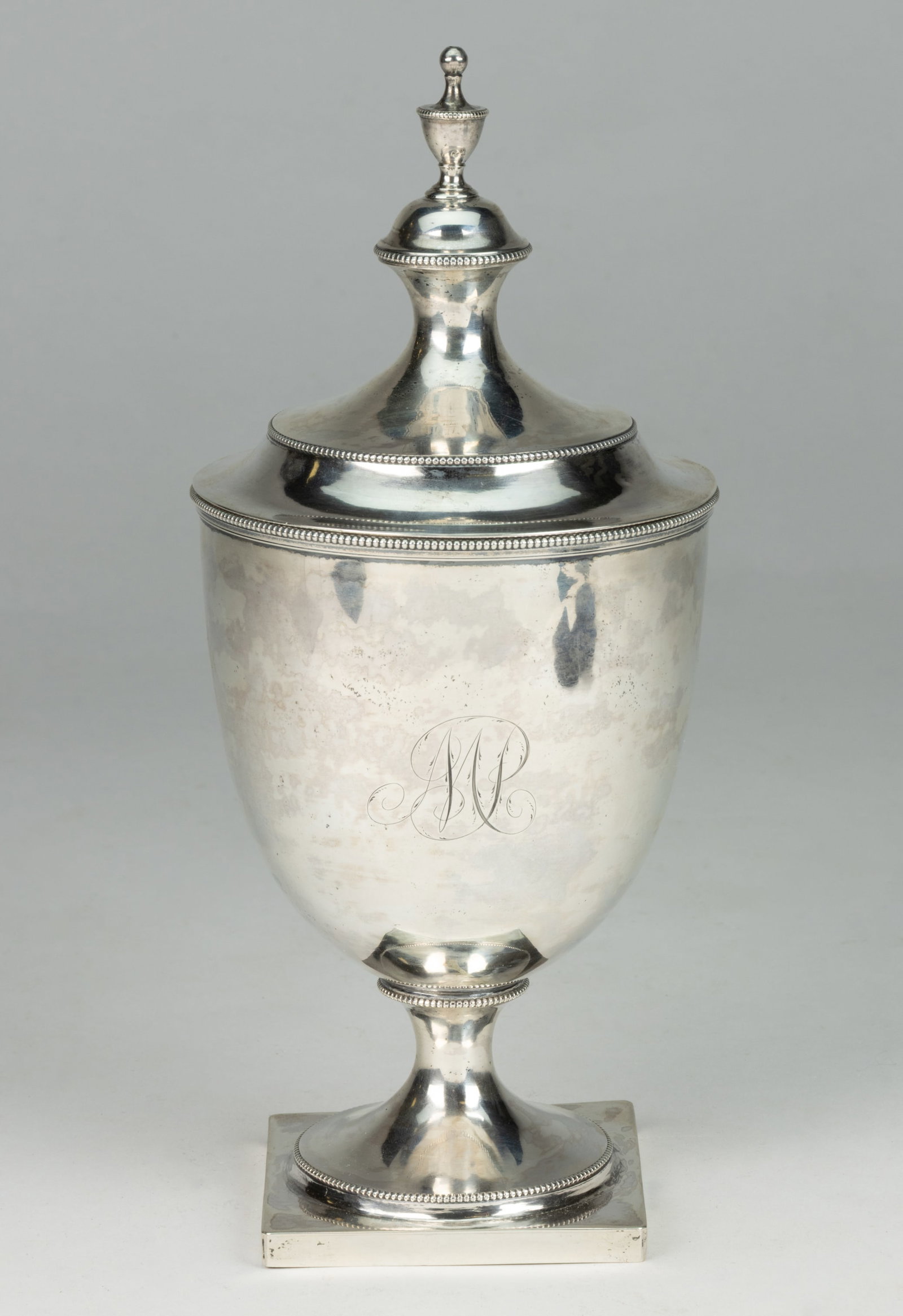 SAMUEL R. RICHARDS, JR., PHILADELPHIA, PENNSYLVANIA COIN SILVER COVERED SUGAR URN: SAMUEL R. RICHARDS, JR., PHILADELPHIA, PENNSYLVANIA COIN SILVER COVERED SUGAR URN, semi-ovoid well raised on a round stemmed base with square foot, side with engraved "MP" initials, top