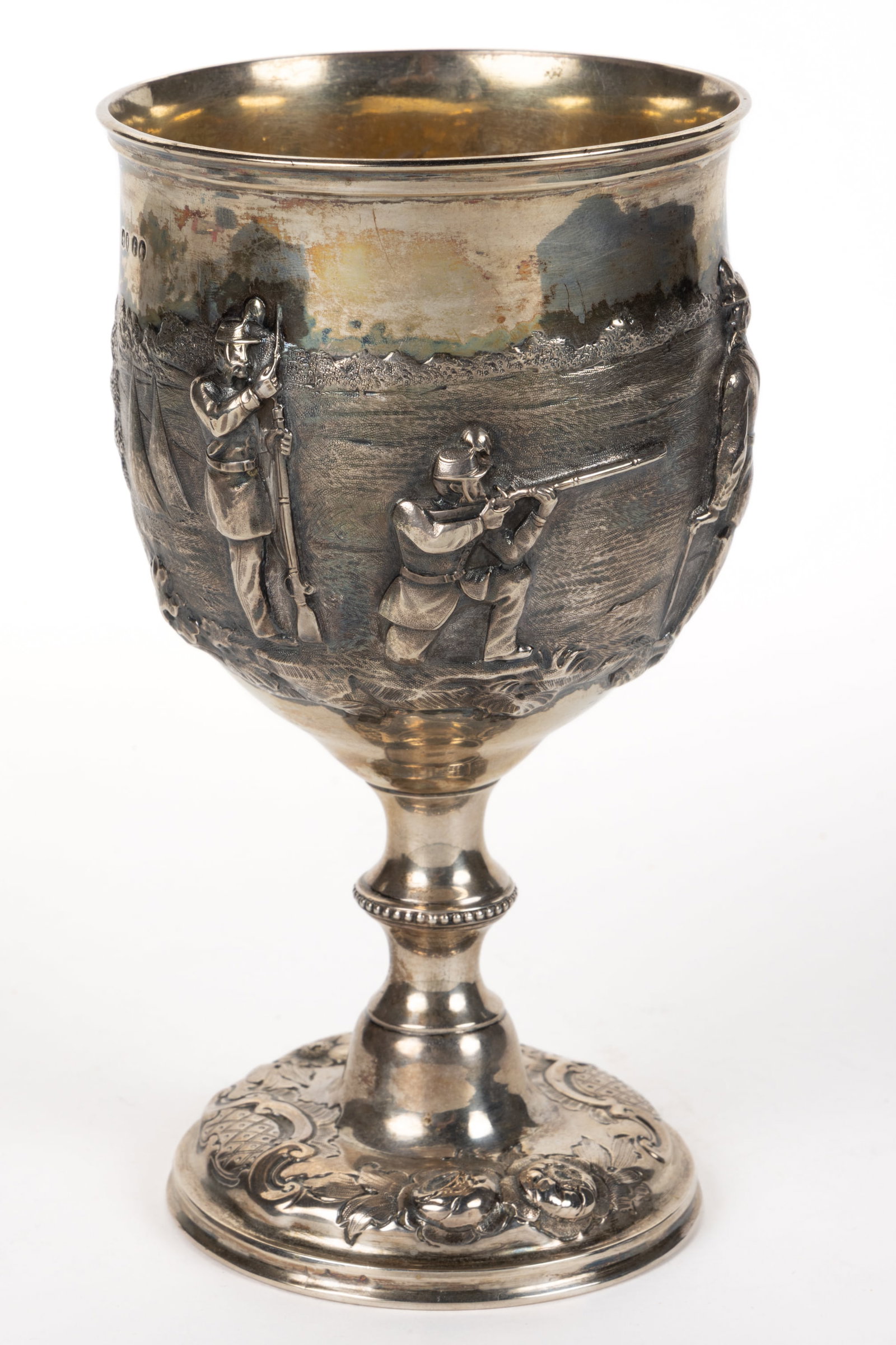 ROBERT HARPER, ENGLISH VICTORIAN SHOOTING / MILITARY REPOUSSE STERLING SILVER GOBLET (1 of 6)