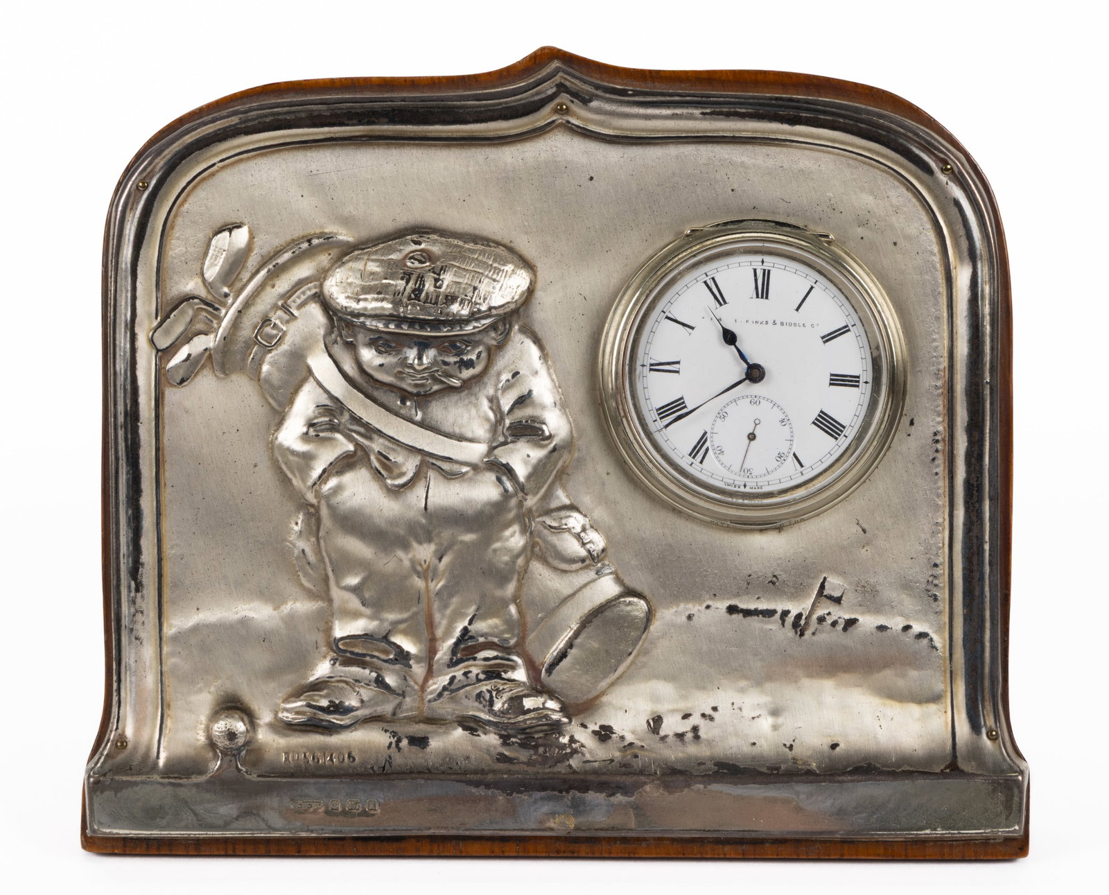 HENRY WILLIAMSON, LTD., ENGLISH EDWARDIAN GOLF-THEMED STERLING SILVER-FRONT DESK CLOCK (1 of 2)