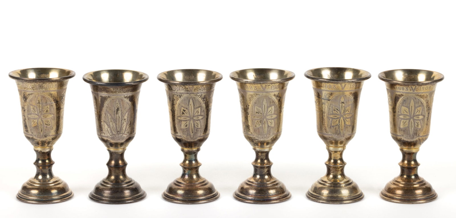 RUSSIAN, OR POSSIBLY OTHER, ENGRAVED-DECORATED SILVER VODKA CUPS, SET OF SIX (1 of 2)