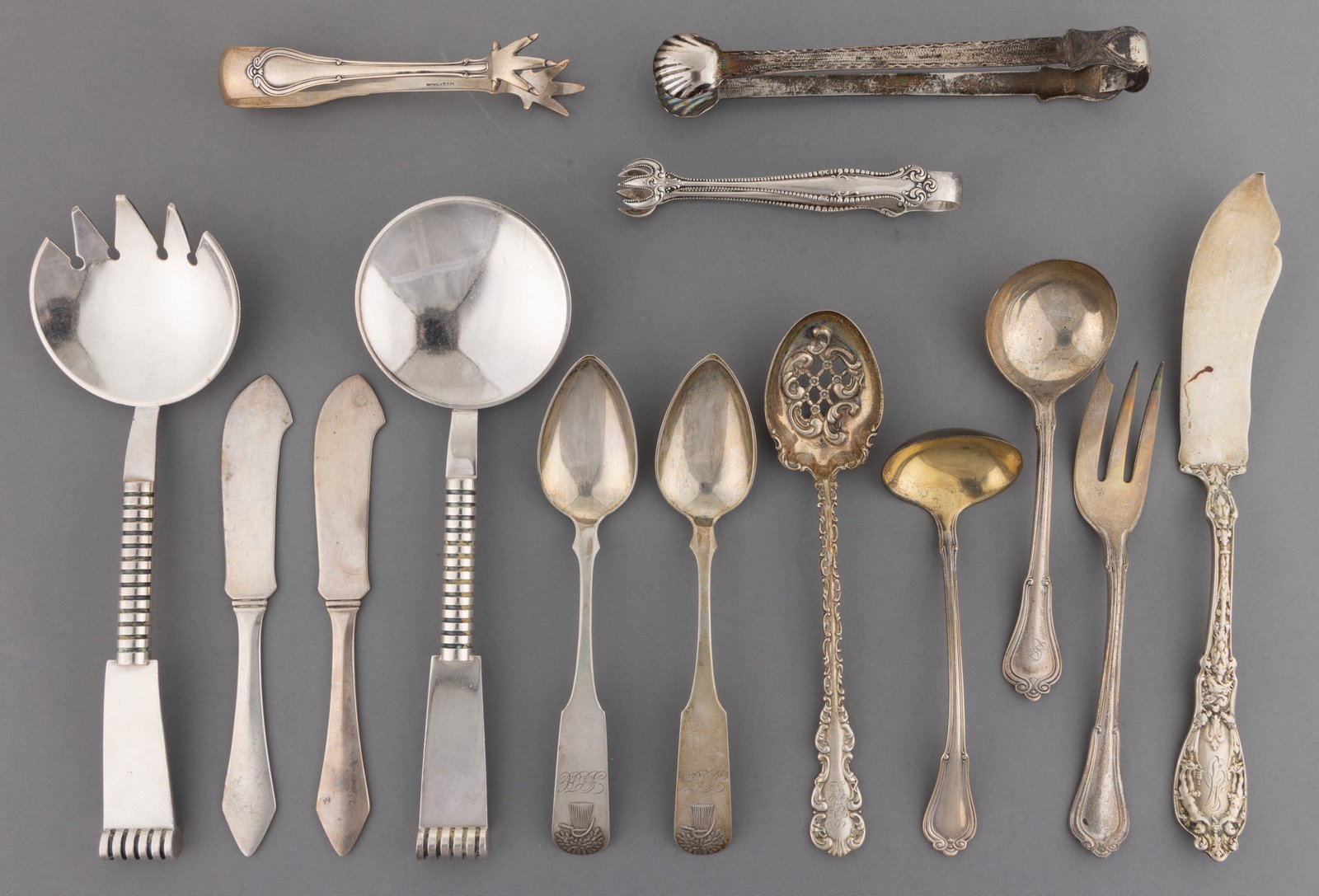 GORHAM AND OTHER STERLING, COIN SILVER, AND SILVER-PLATED FLATWARE AND SERVING UTENSILS, LOT OF 14 (1 of 1)