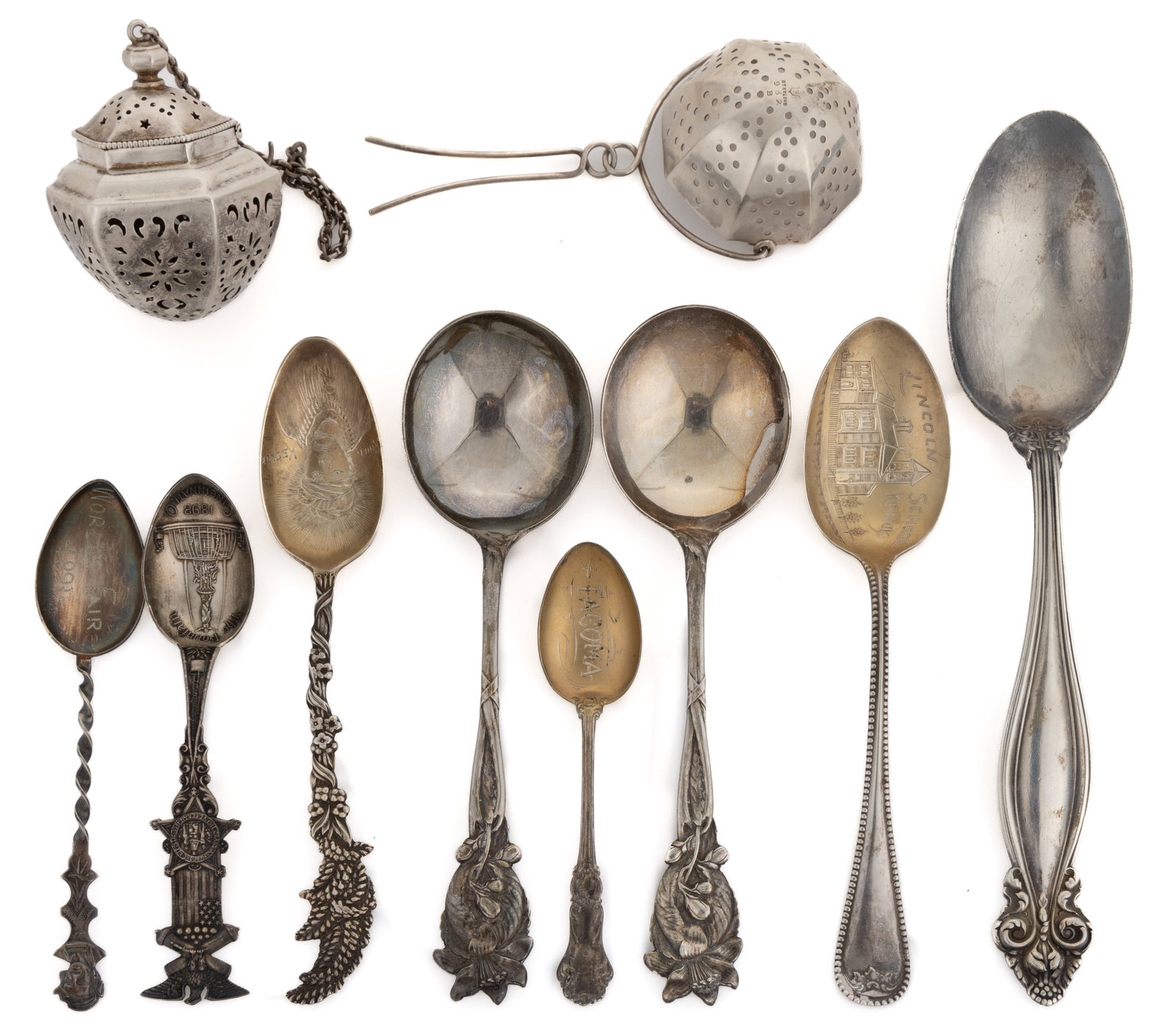 GORHAM AND OTHER STERLING SILVER SPOONS AND TEA ARTICLES, LOT OF TEN (1 of 1)