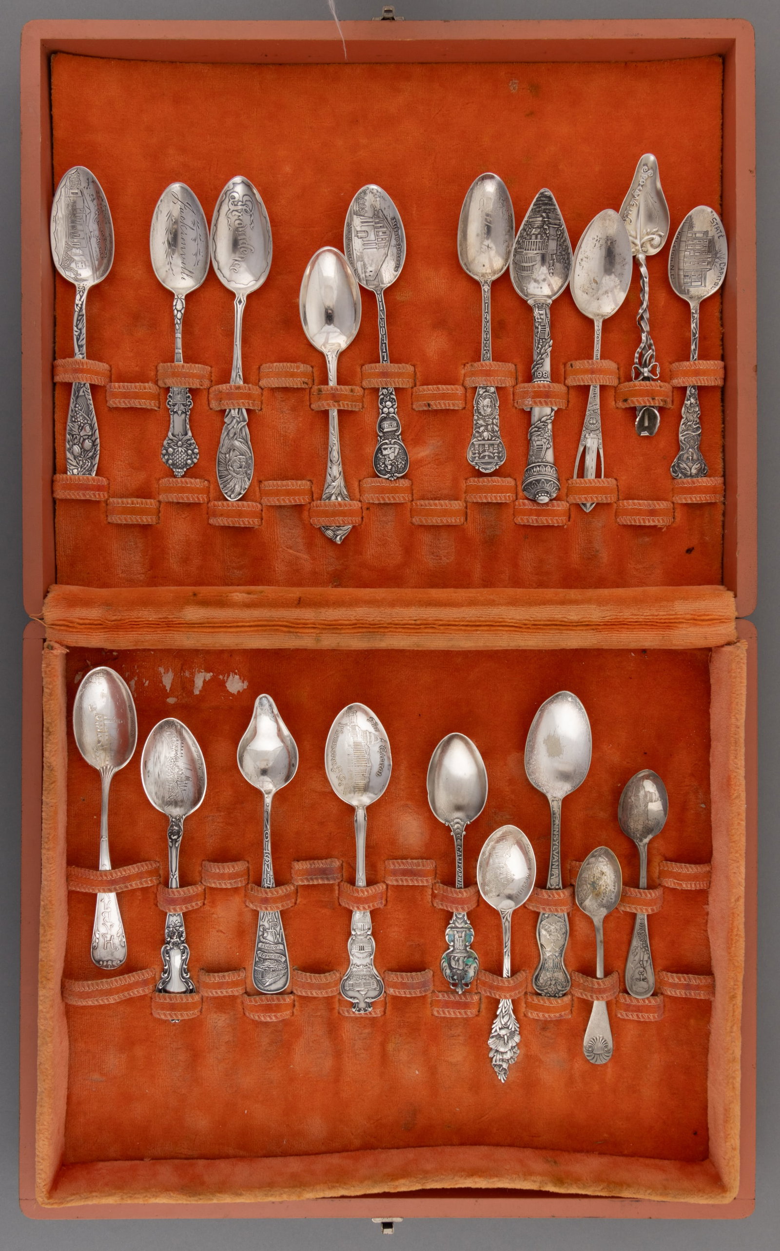 ASSORTED STERLING AND SILVER-PLATED SOUVENIR AND OTHER SPOONS, LOT OF 19 (1 of 2)