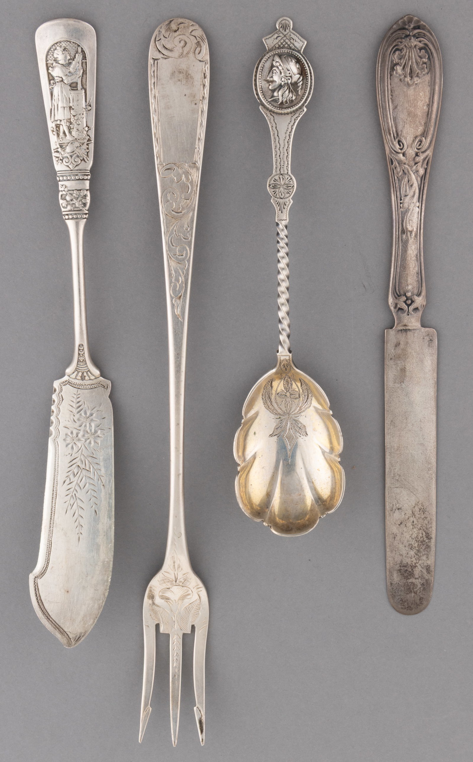 S. KIRK & SON AND OTHER STERLING AND COIN SILVER SERVING UTENSILS AND KNIVES, LOT OF FOUR (1 of 2)