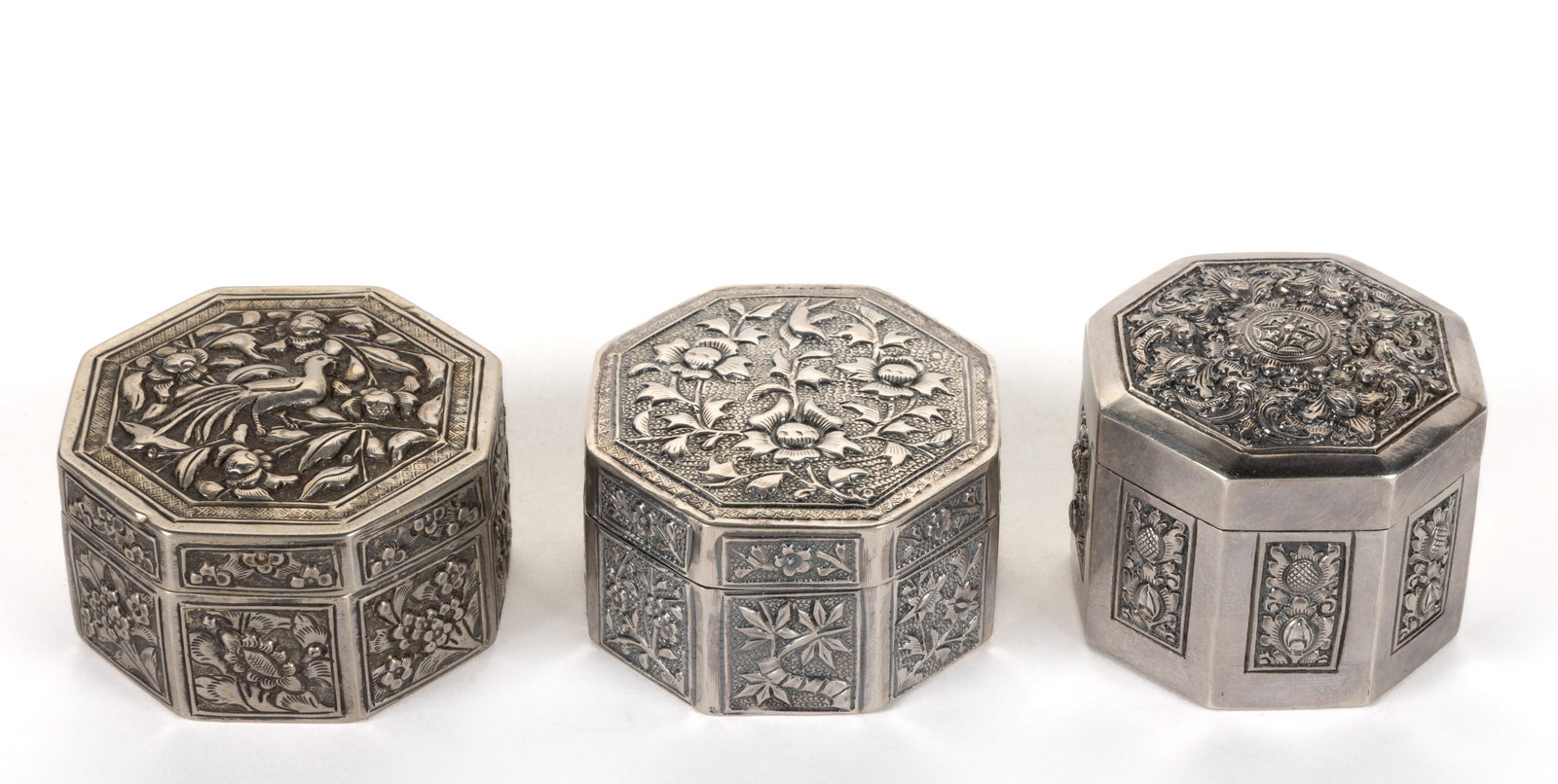 CHINESE EXPORT AND OTHER REPOUSSE SILVER SMALL BOXES, LOT OF THREE (1 of 4)