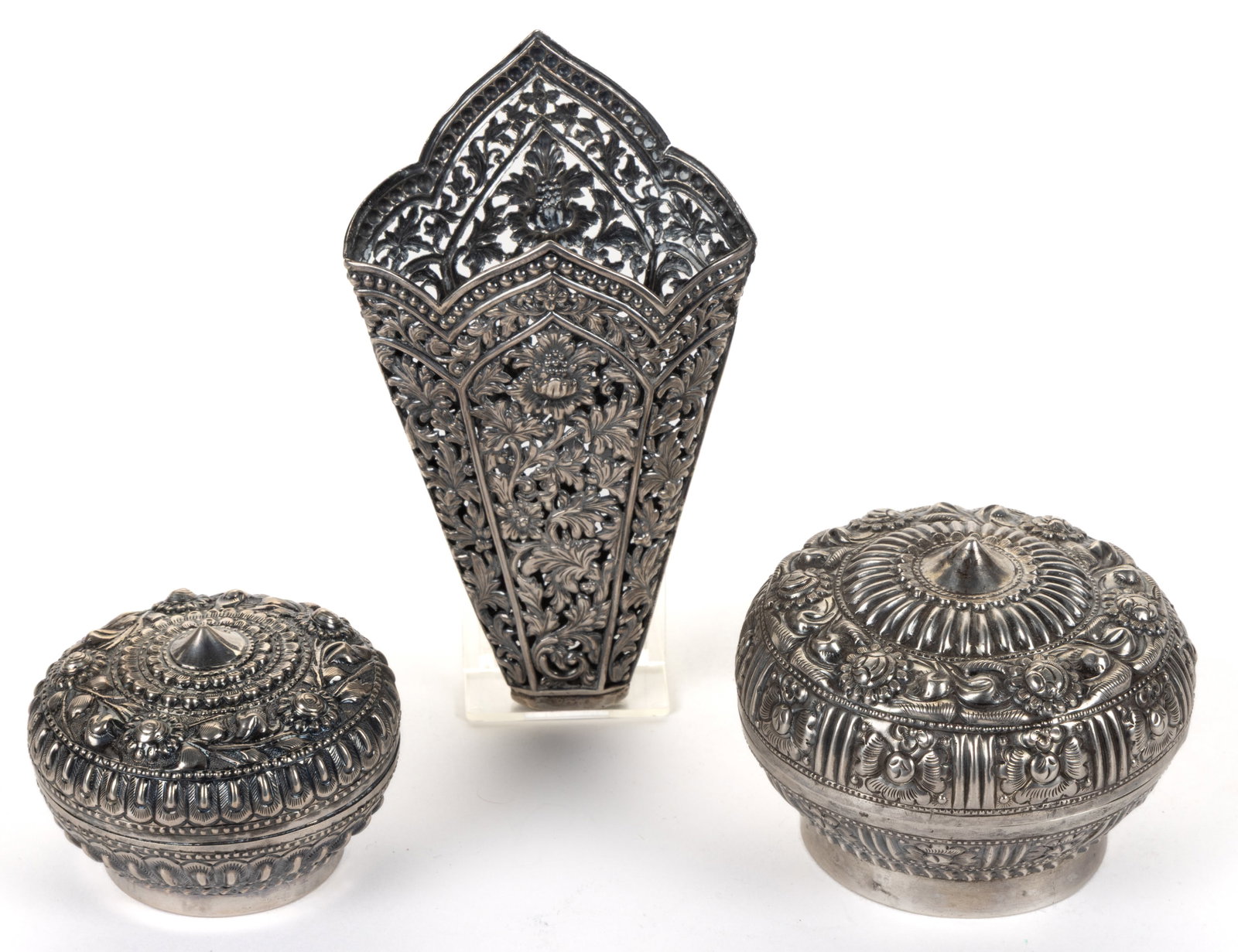 CHINESE EXPORT AND OTHER REPOUSSE SILVER SMALL BOXES AND BETEL LEAF HOLDER, LOT OF THREE (1 of 3)