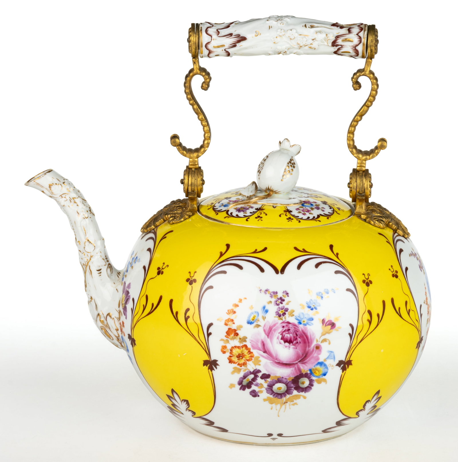 GERMAN MEISSEN PORCELAIN HAND-PAINTED LARGE TEAPOT WITH DORE-BRONZE MOUNTS (1 of 2)