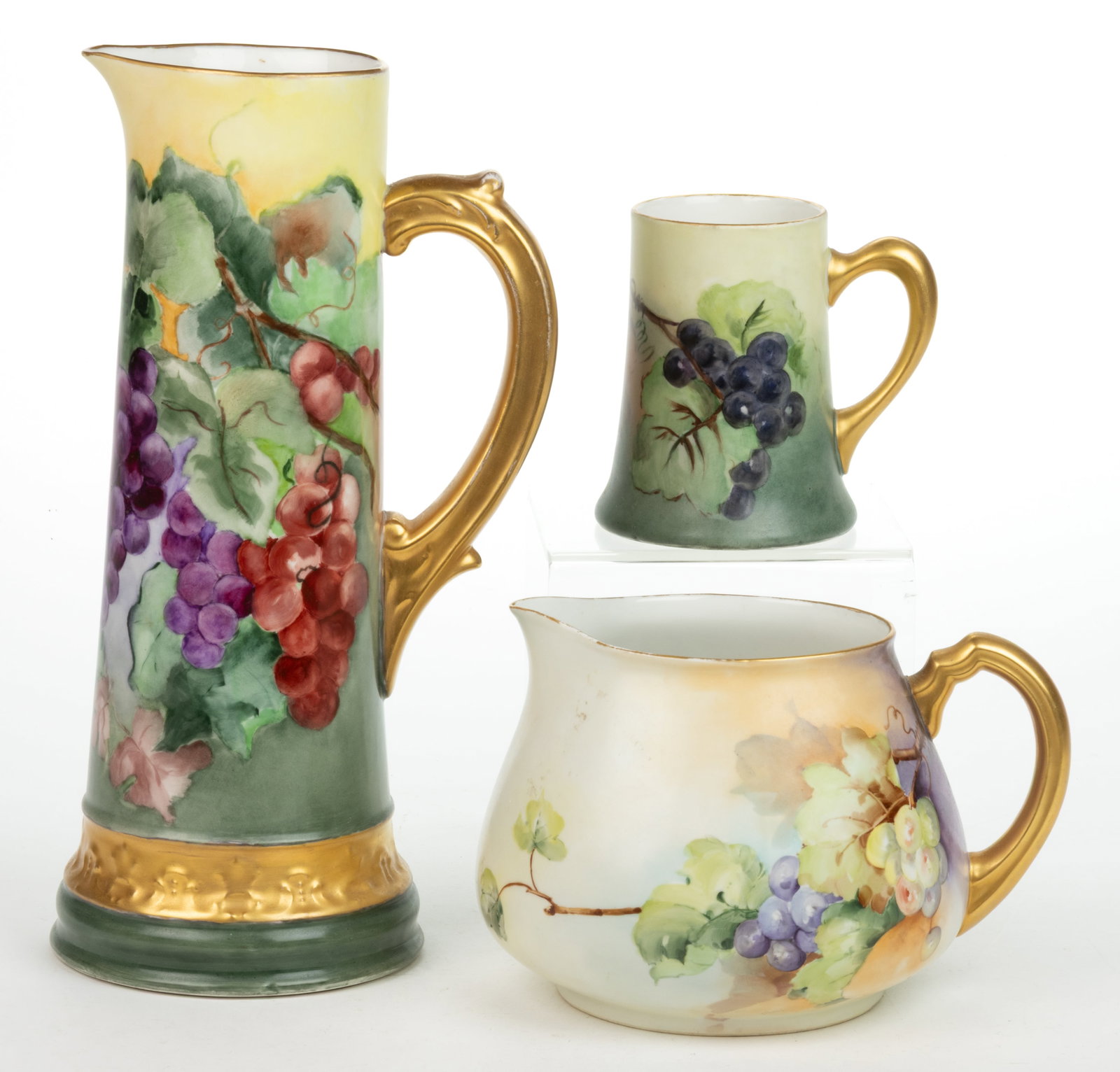 FRENCH LIMOGES PORCELAIN HAND-PAINTED GRAPE MOTIF DRINKING ARTICLES, LOT OF THREE (1 of 4)