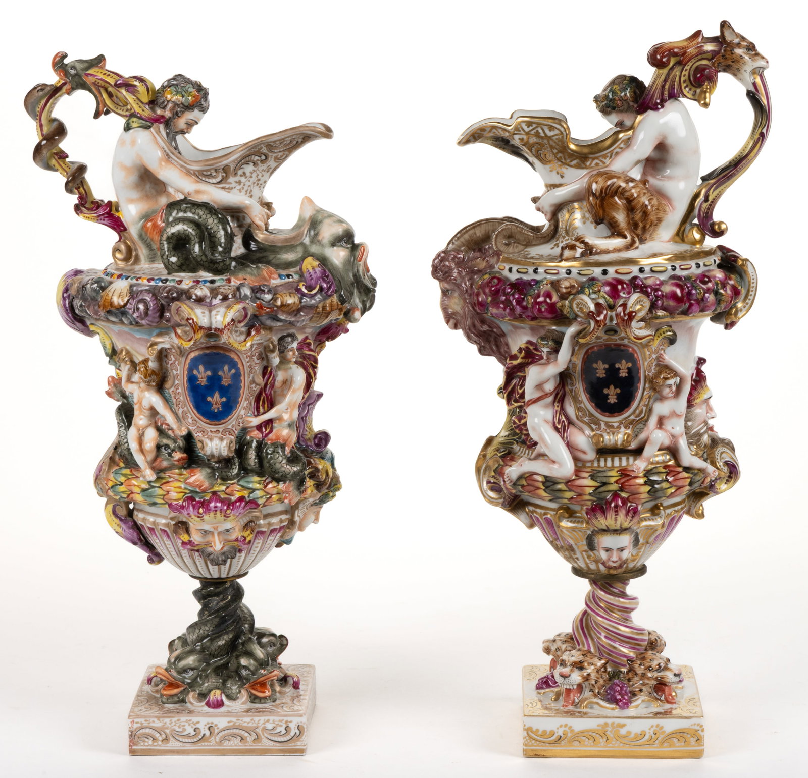 ITALIAN CROWN NAPLES PORCELAIN CAPODIMONTE MYTHOLOGICAL MOTIF FIGURAL BOLTED EWERS PAIR (1 of 5)