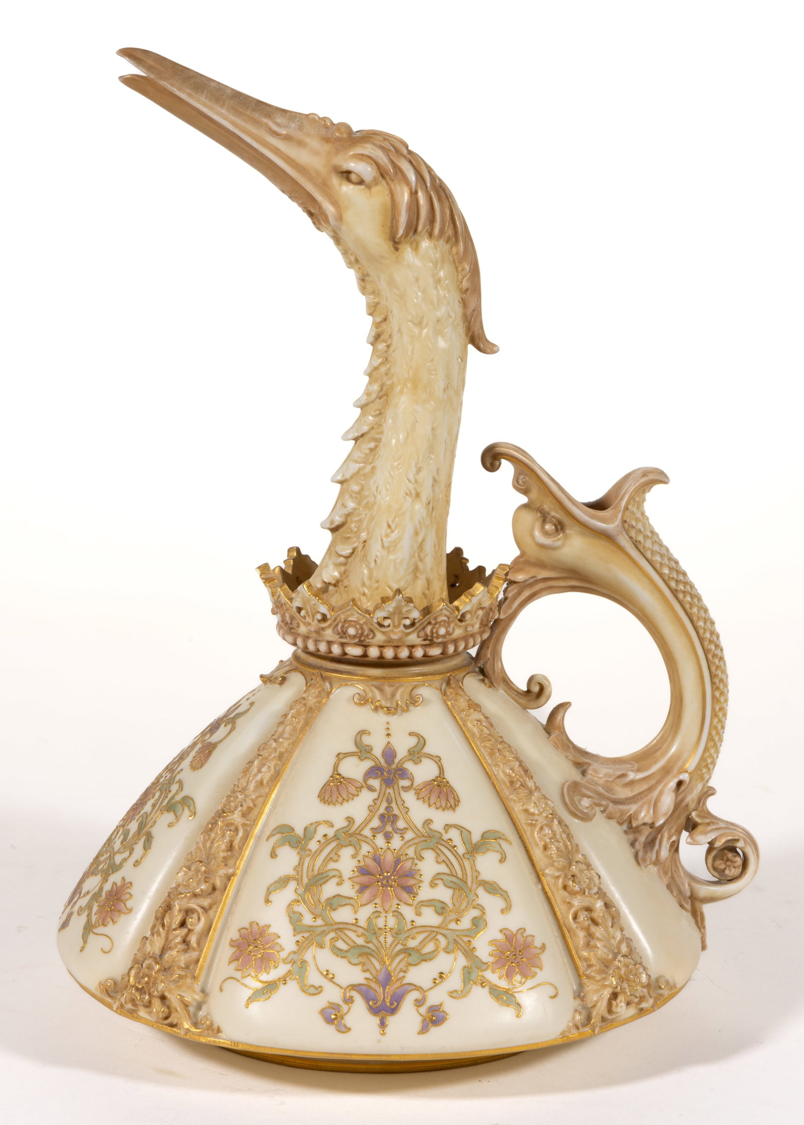 ENGLISH ROYAL WORCESTER PORCELAIN BLUSH IVORY FIGURAL BIRD MOTIF EWER (1 of 5)