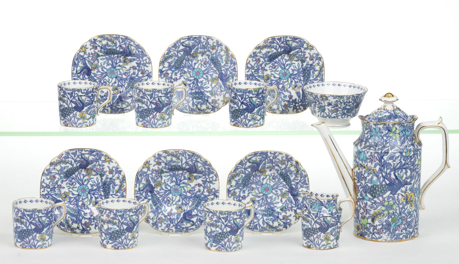 ENGLISH ROYAL CROWN DERBY PORCELAIN DERBY PEACOCK NINE-PIECE DEMITASSE SET (1 of 2)