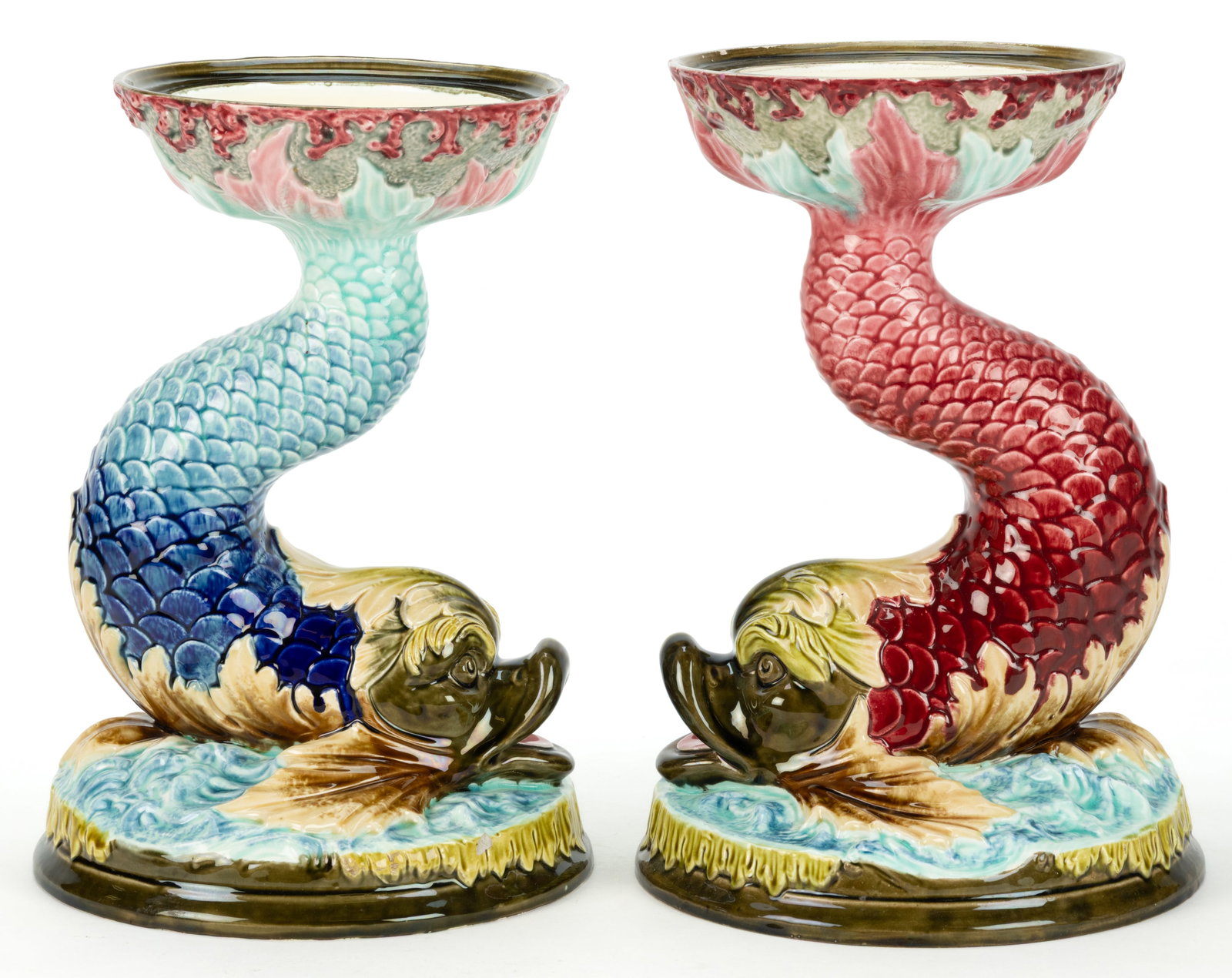 BOHEMIAN EICHWALD MAJOLICA CERAMIC DOLPHIN FISH PEDESTAL PAIR (1 of 3)