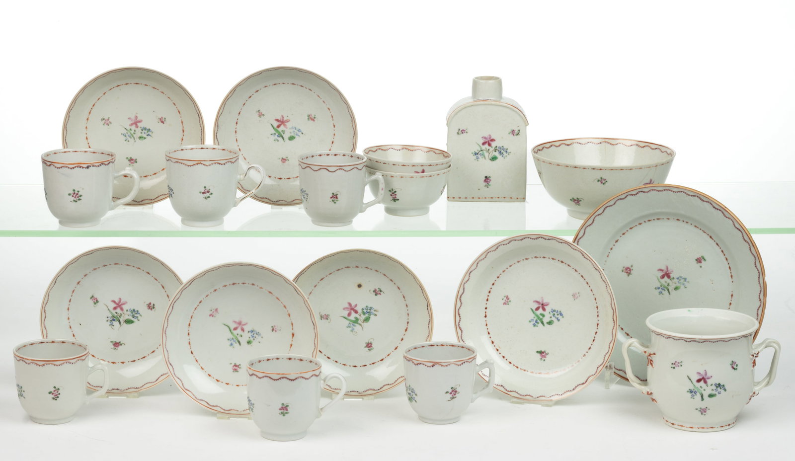 CHINESE EXPORT PORCELAIN FAMILLE ROSE HAND-PAINTED TEA ARTICLES, LOT OF 18 (1 of 2)