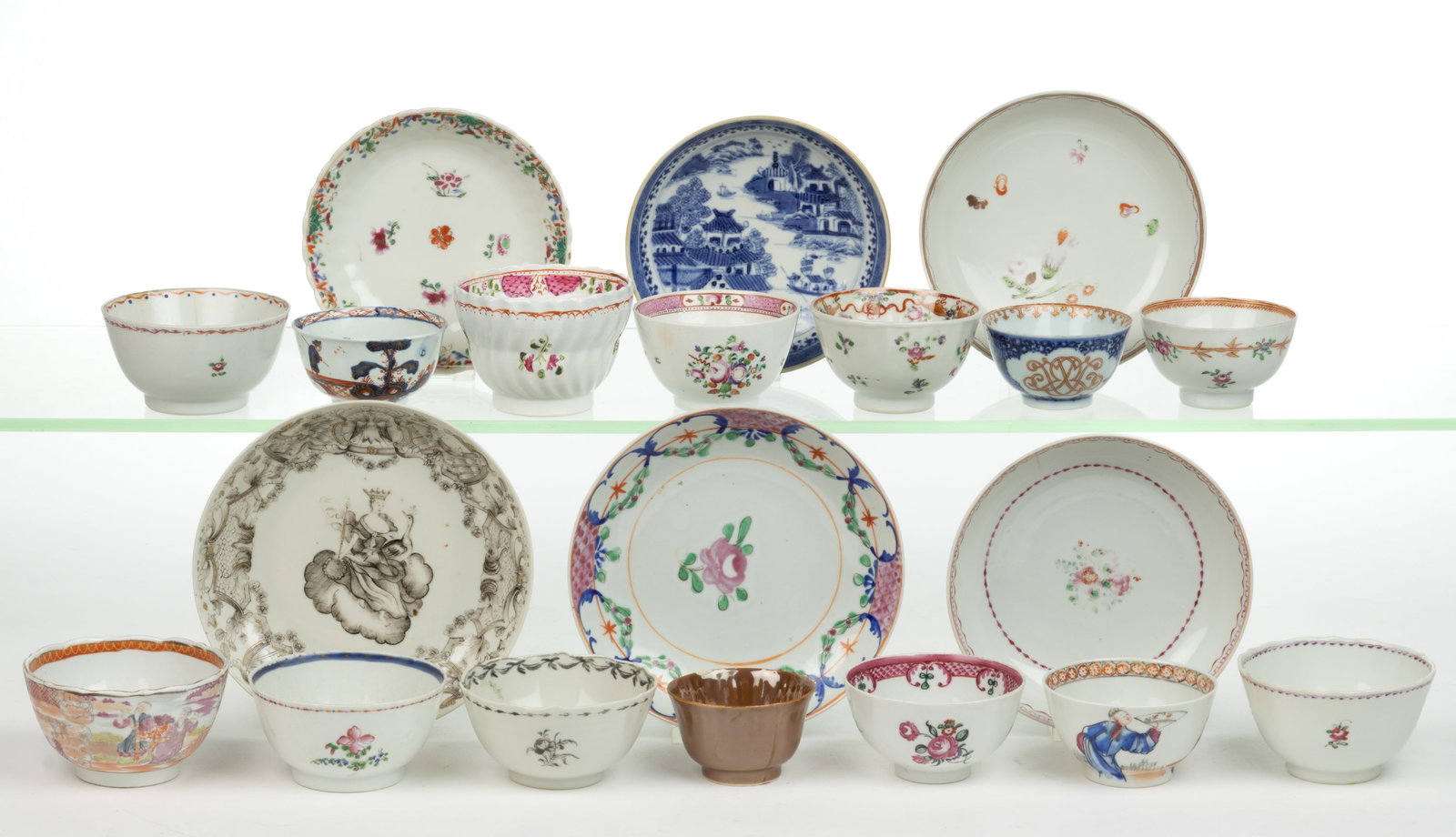 CHINESE AND ENGLISH PORCELAIN HAND-PAINTED UNMATCHING CUPS AND SAUCERS, LOT OF 20 (1 of 1)