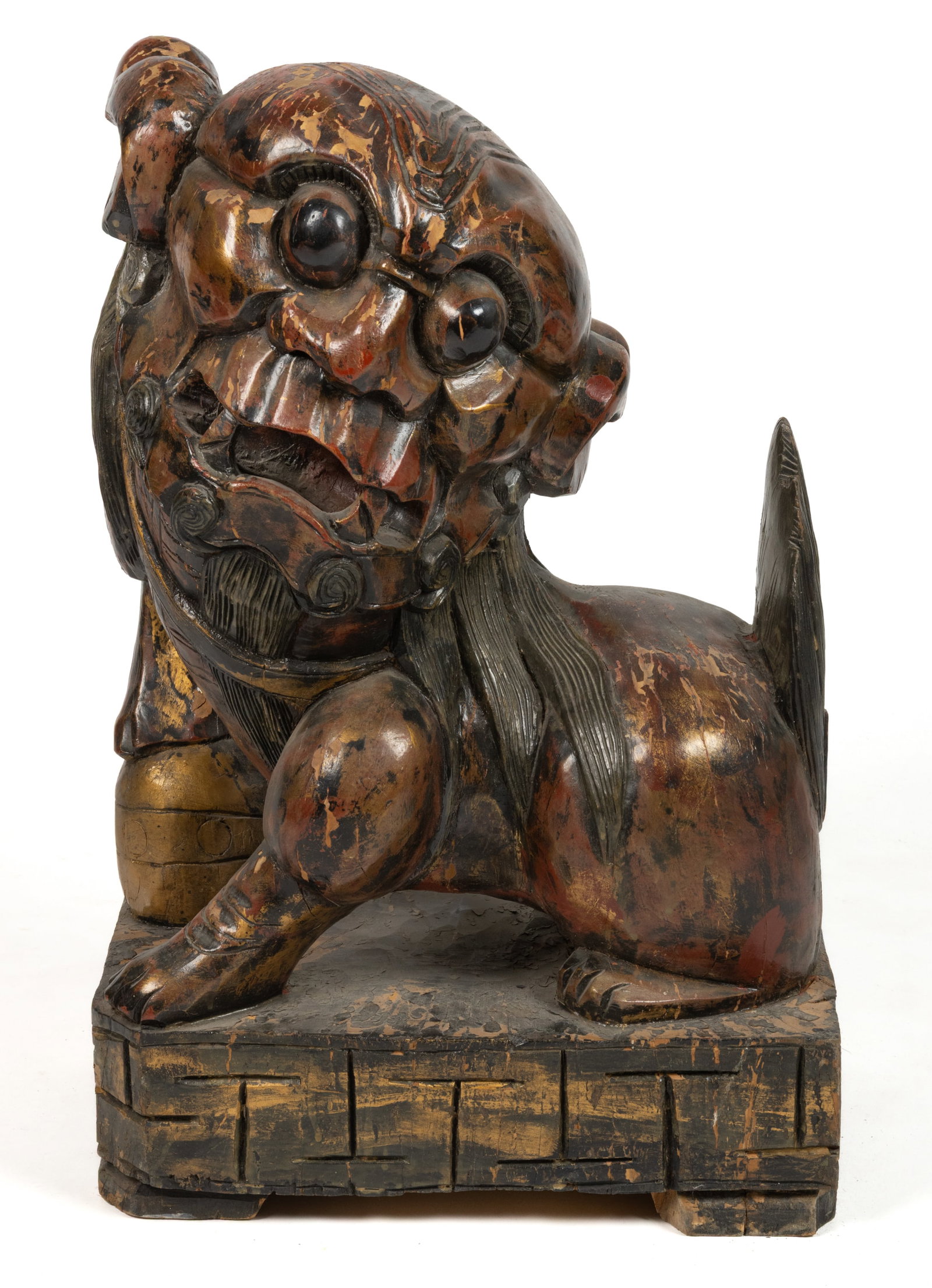 ASIAN CARVED AND PAINTED WOODEN GUARDIAN LION / FOO DOG (1 of 4)