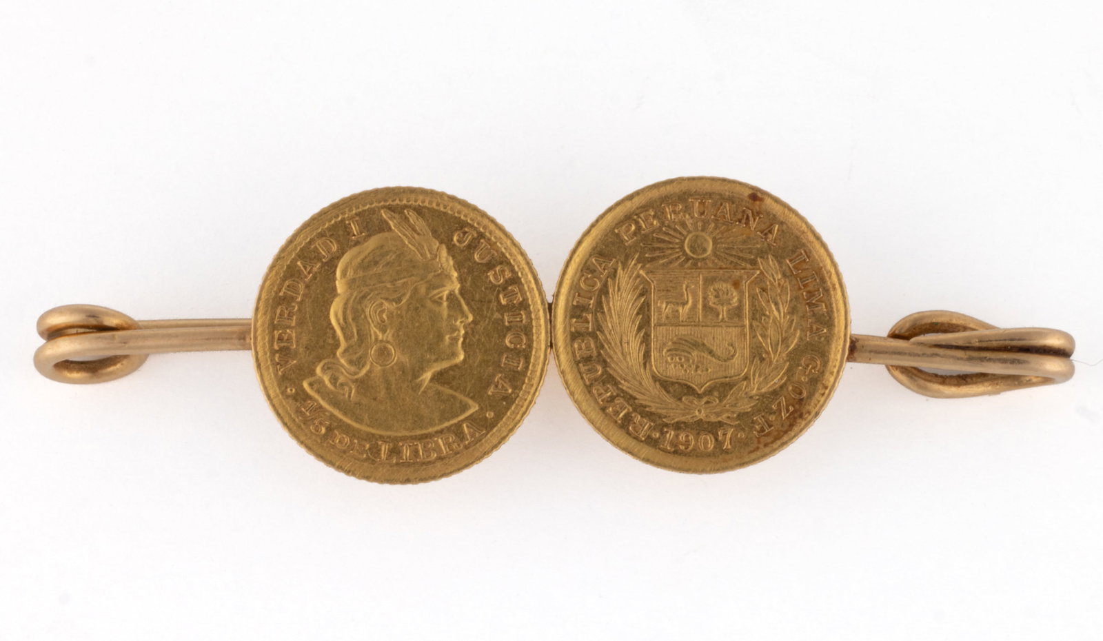 1907 PERU 1/5 LIBRA GOLD COINS, LOT OF TWO ON PIN (1 of 2)