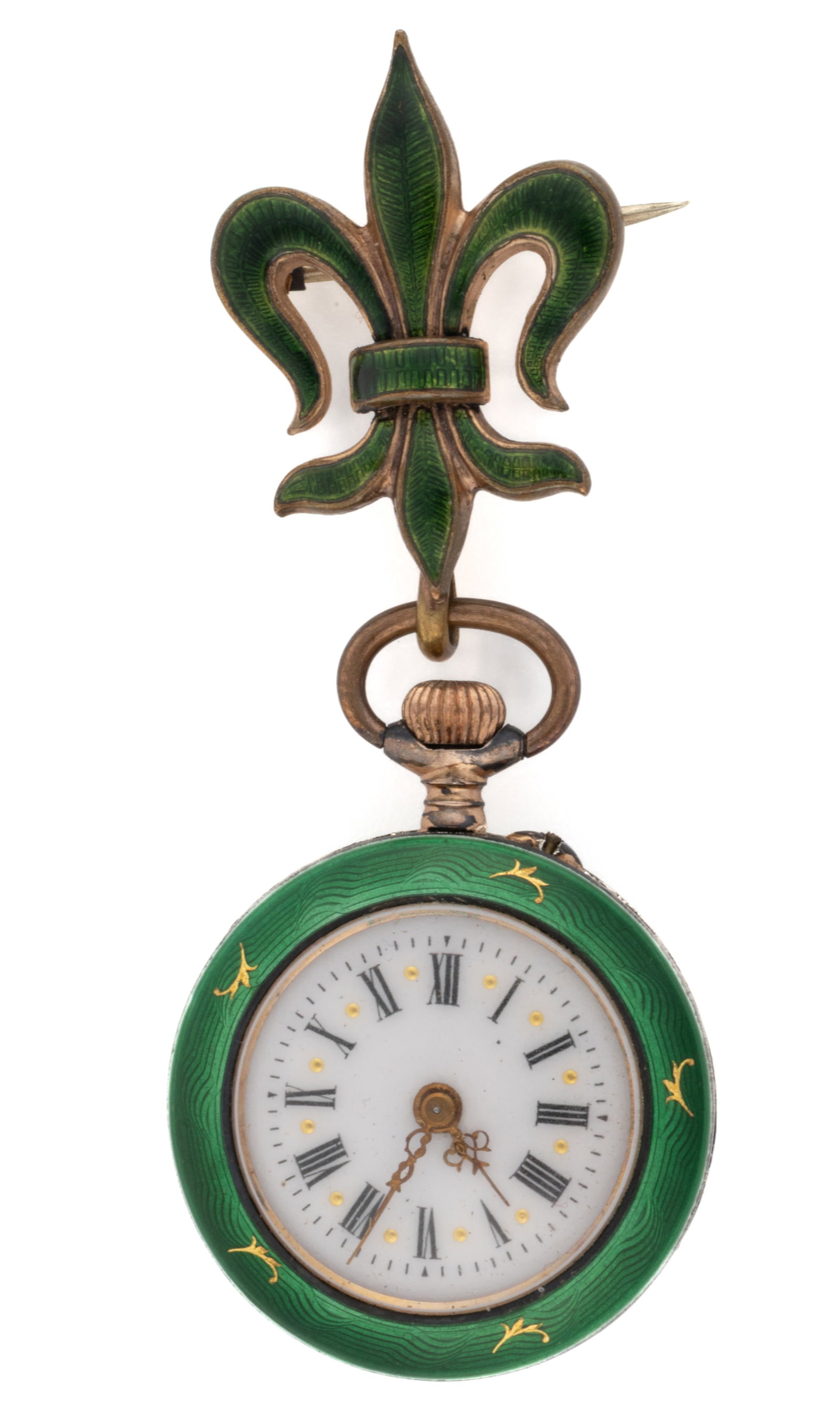 SWISS ENAMELED 0.800 SILVER-CASED LADY'S POCKET WATCH WITH WATCH LAPEL HOOK BROOCH / PIN (1 of 5)
